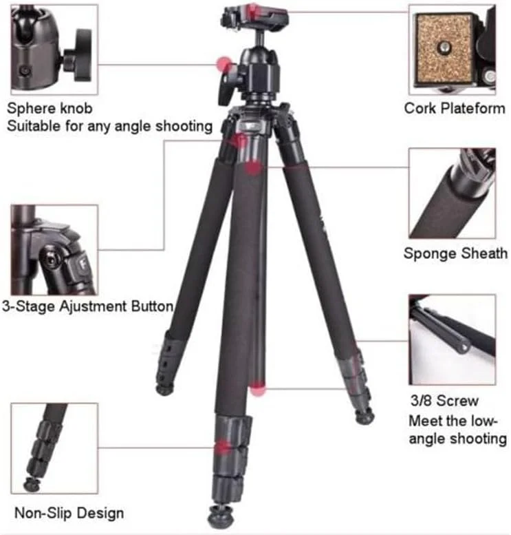 AECAM - سه پایه حرفه ای WF6662A ویفنگ 6662A به همراه هد توپی، سه پایه فانتزی برای دوربین های NIKON، Canon، SONY، قابل حمل