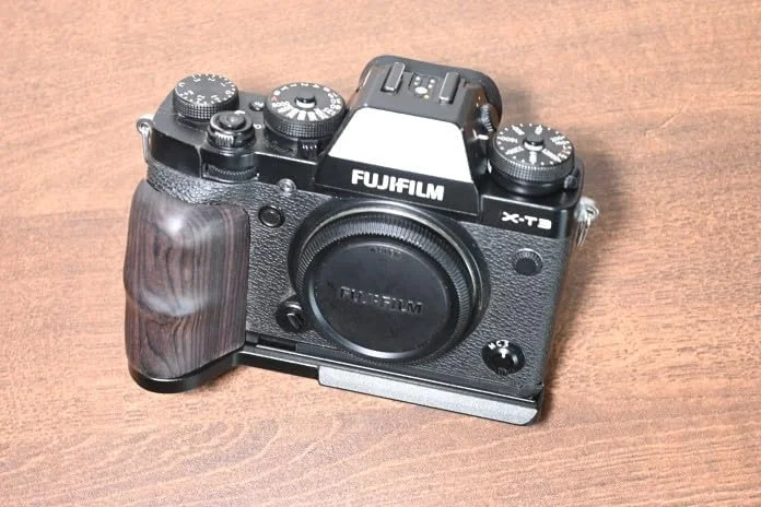 AECAM - دسته گریپ چوبی آبنوس فوق سبک نوع L به همراه صفحه سه پایه و سر توپی برای دوربین های فوجی فیلم XT2 XT3 X-T3 (زرد)