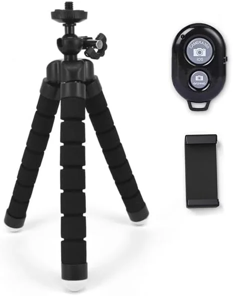 AECAM - نگهدارنده اسفنجی برای دوربین تلفن همراه، سه پایه تاشو، پایه تثبیت کننده عکاسی تبلت تلفن همراه، لوازم جانبی تلفن همراه (با ریموت کلیپ)