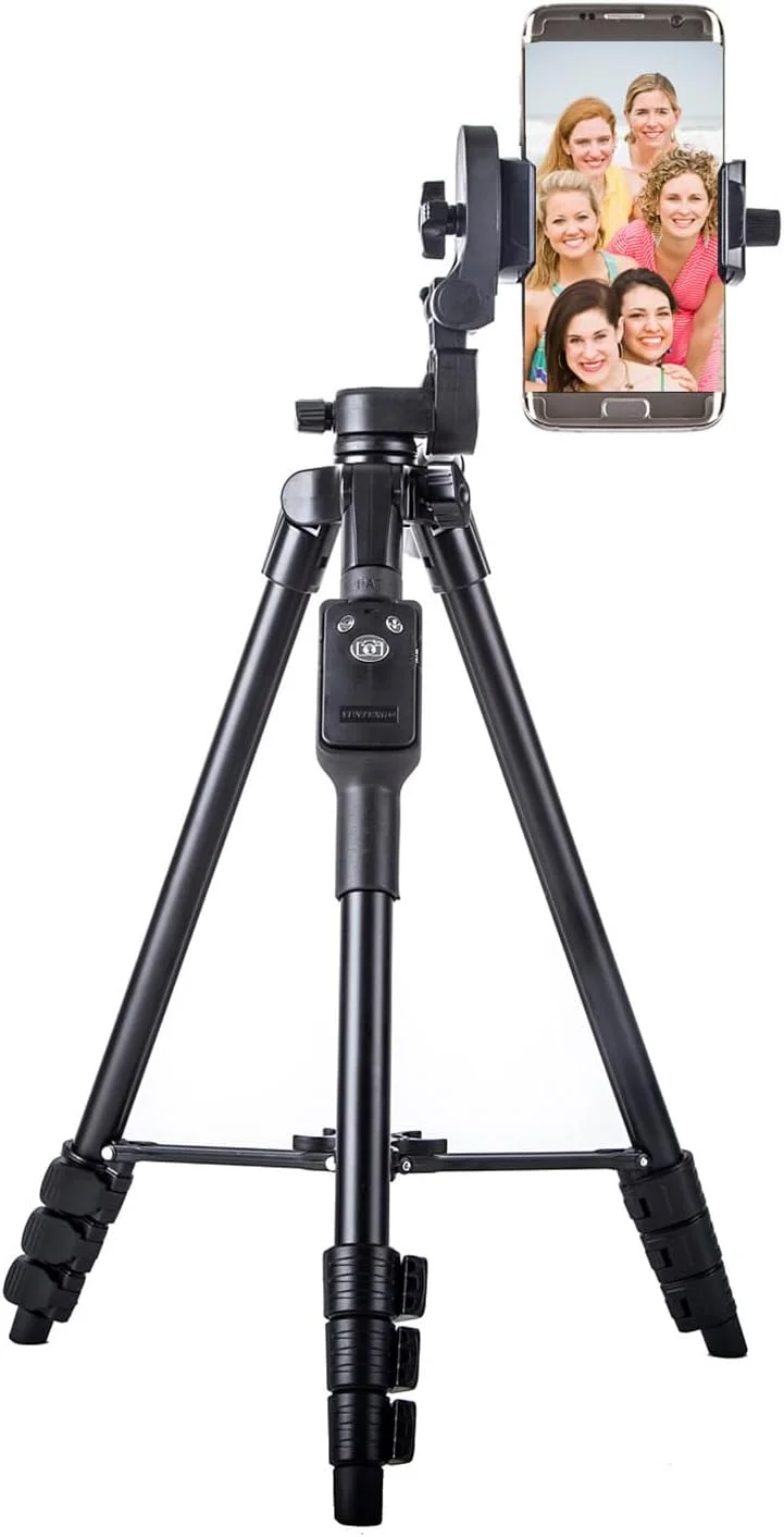 سه پایه آلومینیومی AECAM - 5228 با سر سه طرفه و ریموت بلوتوث + گیره برای دوربین