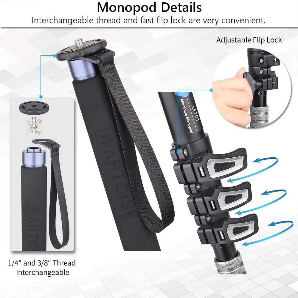 AECAM - تک پایه های دوربین سه پایه دوربین های حرفه ای DSLR تک پایه های دوربین هد سیال پانوراما 360 درجه تلفن همراه ρһопе سه پایه کوچک انعطاف پذیر LF70T (بدون هد سیال)