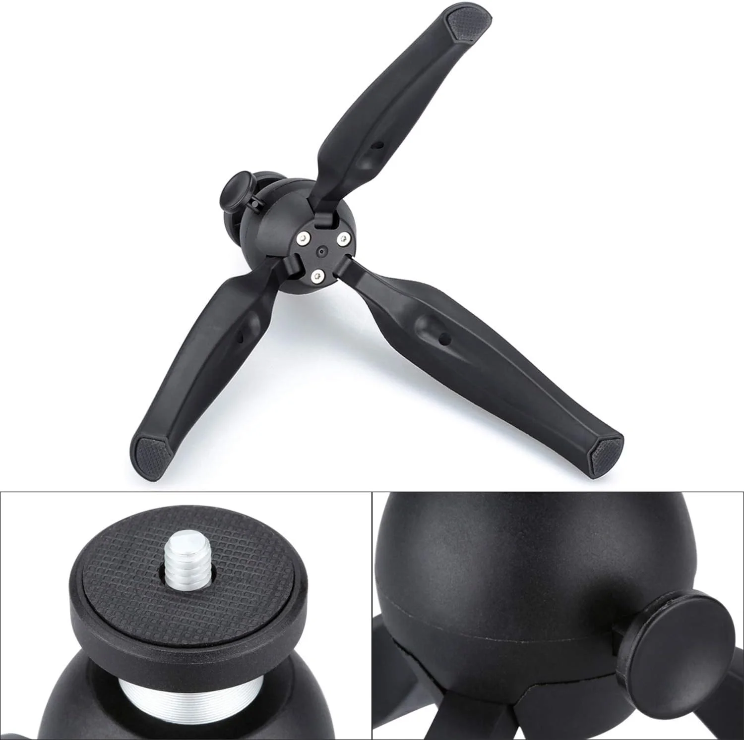 AECAM - سه پایه رومیزی کوچک با سر توپی و گیره نگهدارنده برای دوربین های GOPROs Hero SJCAMs SLR و تلفن های همراه (مشکی)