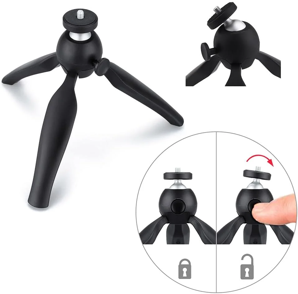 AECAM - سه پایه رومیزی کوچک با سر توپی و گیره نگهدارنده برای دوربین های GOPROs Hero SJCAMs SLR و تلفن های همراه (مشکی)