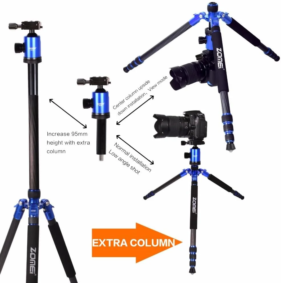 AECAM - ZOIMEs Z888C z-818c سه پایه مونوپاد حرفه ای قابل حمل فیبر کربنی با هد توپی برای دوربین های DSLR و دوربین های دیجیتال (آبی)