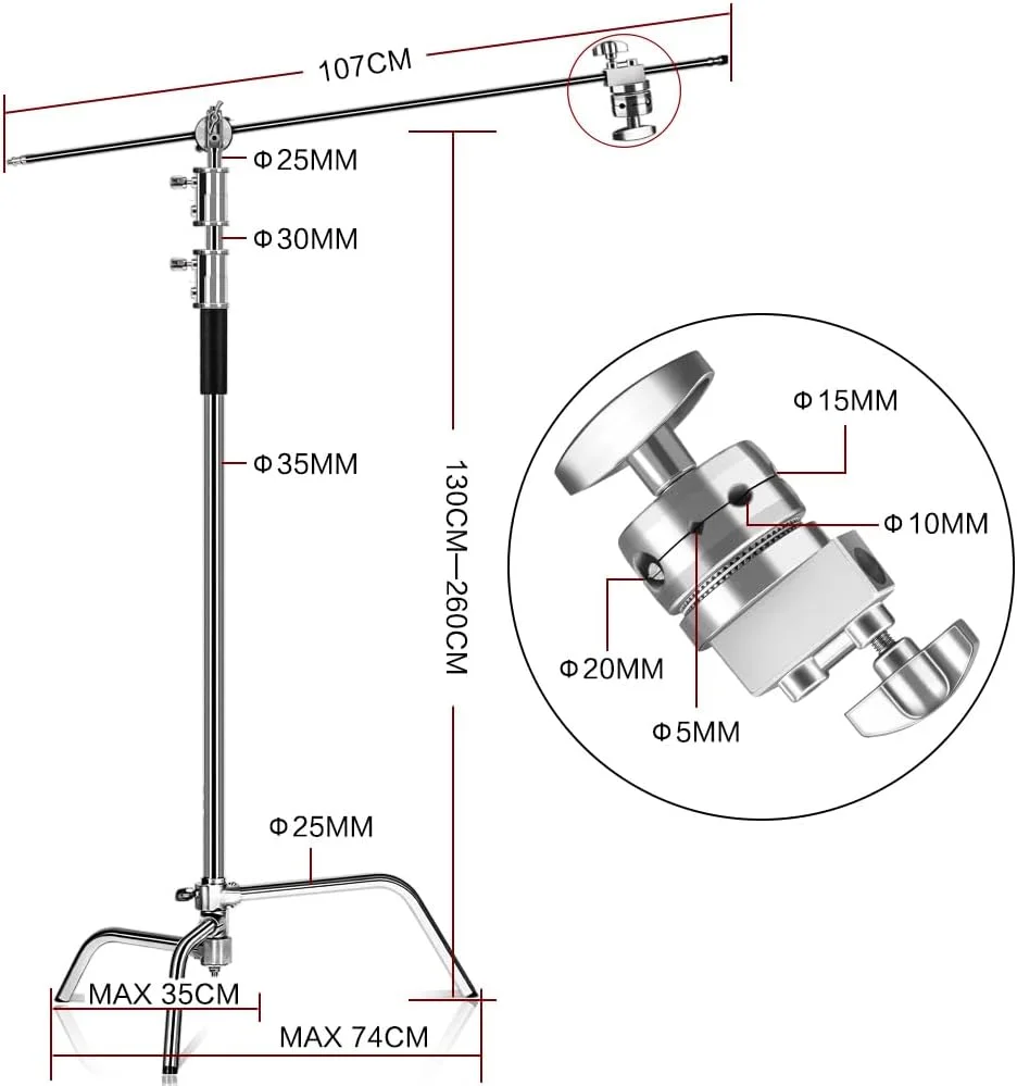 پایه عکاسی C-Stand استیل ضد زنگ AECAM با بازوی نگهدارنده و سر گیره، ارتفاع حداکثر 260 سانتی متر با یک پایه جادویی قابل تنظیم (ارتفاع 2.6 متر) پایه عکاسی C-Stand استیل ضد زنگ AECAM با بازوی نگهدارنده و سر گیره، ارتفاع حداکثر 260 سانتی متر با یک پایه جادویی قابل تنظیم (ارتفاع 2.6 متر)