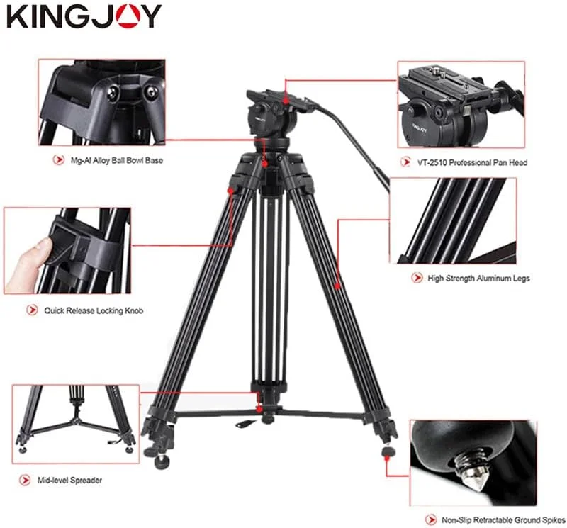 AECAM - سه پایه دوربین 72 اینچی حرفه ای آلومینیومی سنگین با سر پن تیلت جداشدنی سیال برای دوربین های DSLR و فیلمبرداری (VT-2500-155cm) AECAM - سه پایه دوربین 72 اینچی حرفه ای آلومینیومی سنگین با سر پن تیلت جداشدنی سیال برای دوربین های DSLR و فیلمبرداری (VT-2500-155cm)