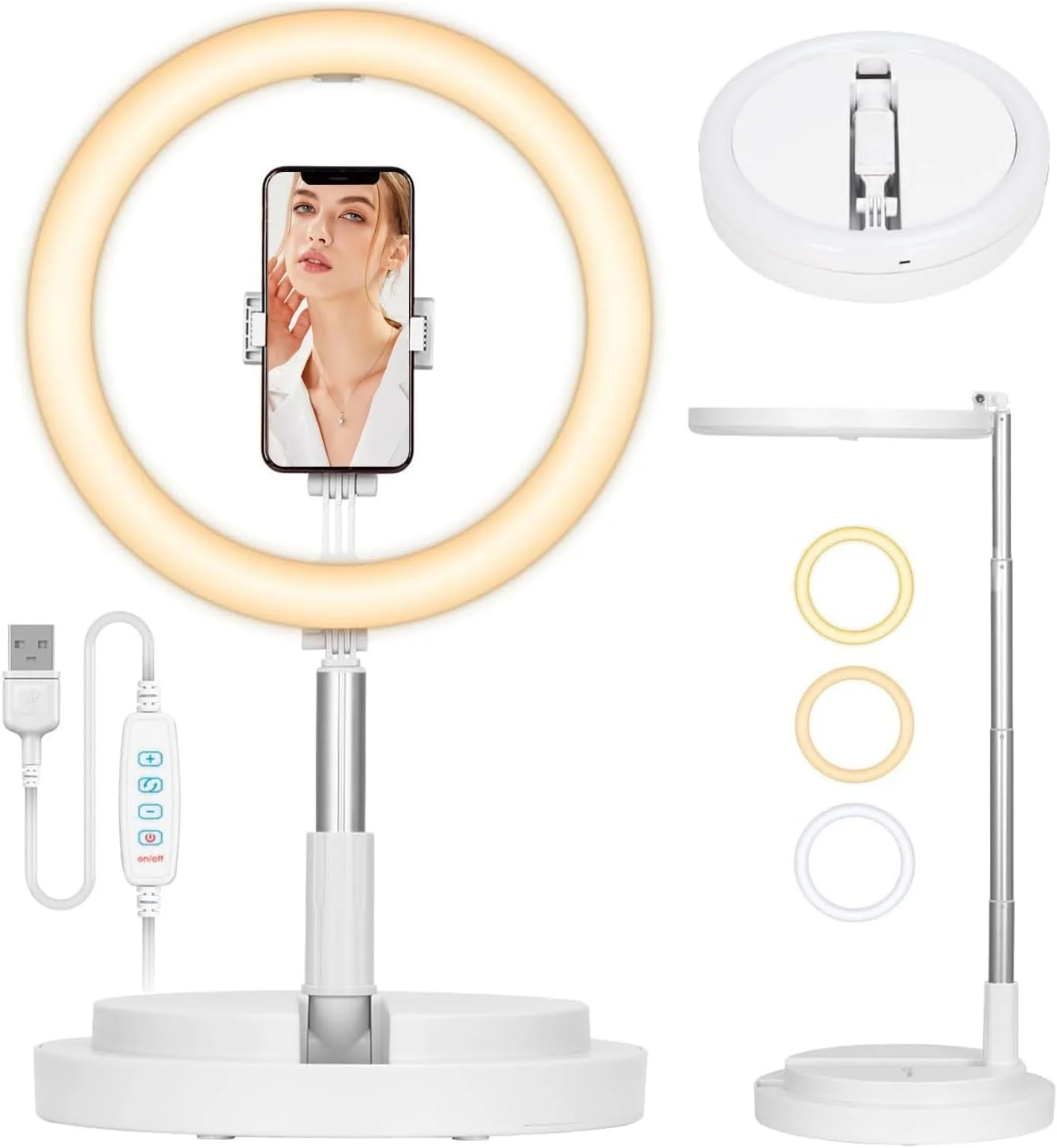 رینگ لایت سلفی Angju با پایه - 12 اینچ تاشو با نگهدارنده تلفن و مانت کفشک سرد، نور رومیزی بلند برای فیلمبرداری و عکاسی، نور زیبایی LED با روشنایی قابل تنظیم (سفید)