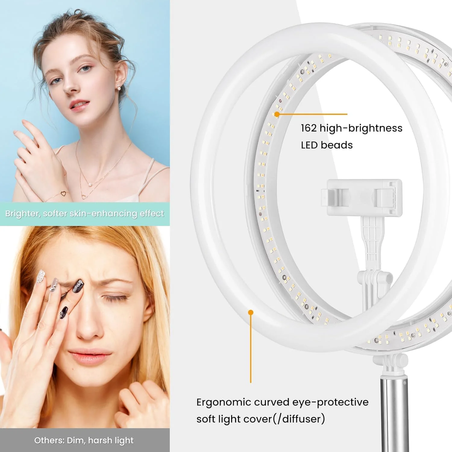 رینگ لایت سلفی Angju با پایه - 12 اینچ تاشو با نگهدارنده تلفن و مانت کفشک سرد، نور رومیزی بلند برای فیلمبرداری و عکاسی، نور زیبایی LED با روشنایی قابل تنظیم (سفید)
