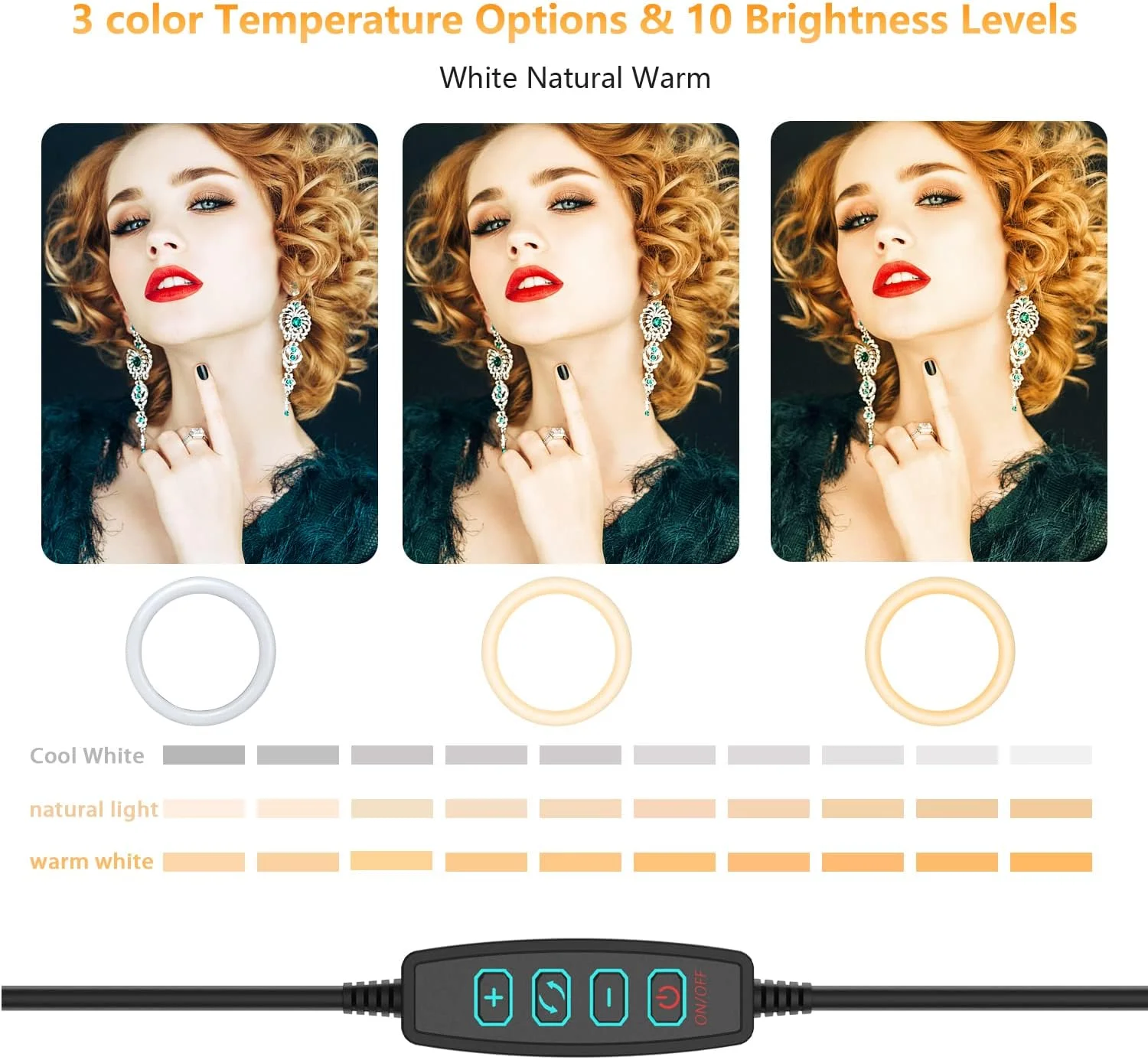 حلقه نور سلفی 10.2 اینچی HONGDAK با پایه و نگهدارنده تلفن، چراغ های حلقه ای رومیزی با 3 رنگ نور قابل تنظیم 3500K-6500K و 10 سطح روشنایی برای ویدیوهای تلفن، پخش زنده TikTok و آرایش