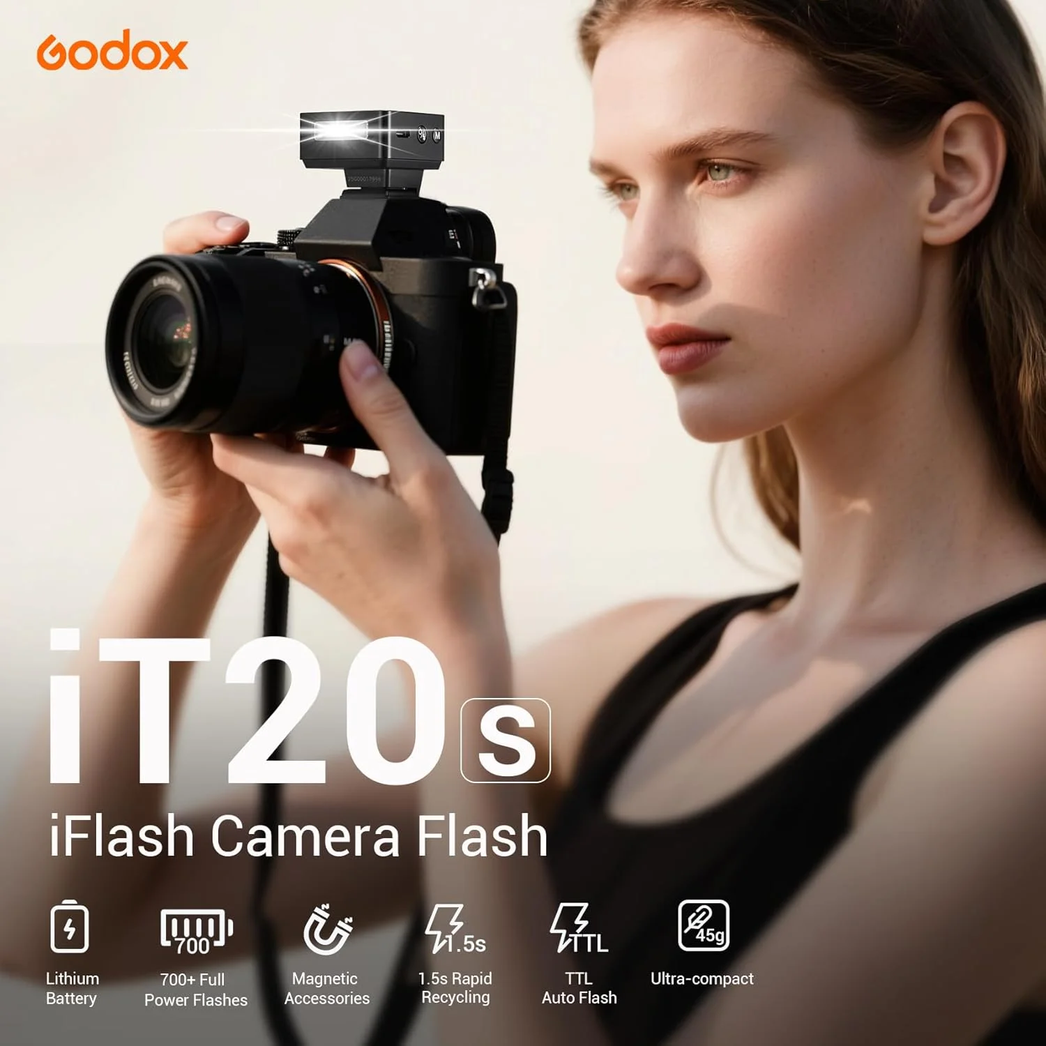 فلاش دوربین فوق فشرده گودکس iT20-S - ارتقا یافته از iM20 با عملکرد TTL و لوازم جانبی مغناطیسی، وزن سبک 45 گرم، بیش از 700 فلاش، بازیافت 1.5 ثانیه، شارژ USB-C، سازگار با دوربین های سونی