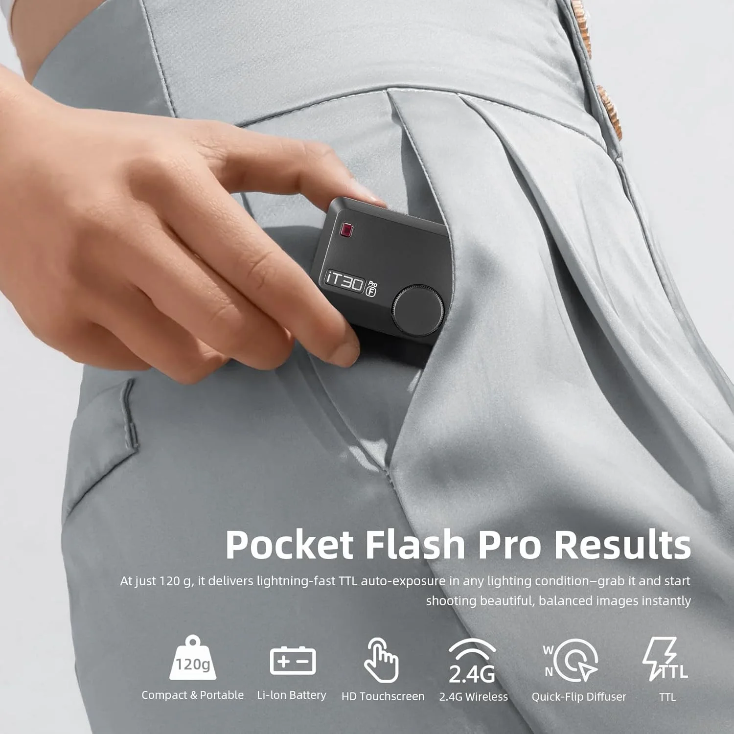 فلاش جیبی TTL گودکس iT30 Pro-F برای دوربین فوجیفیلم: بیسیم 2.4G + صفحه لمسی (معادل تریگر X3 داخلی)، باتری لیتیوم-یون، HSS 1/8000 ثانیه، 560 فلاش، دیفیوزر داخلی برای پرتره فلاش جیبی TTL گودکس iT30 Pro-F برای دوربین فوجیفیلم: بیسیم 2.4G + صفحه لمسی (معادل تریگر X3 داخلی)، باتری لیتیوم-یون، HSS 1/8000 ثانیه، 560 فلاش، دیفیوزر داخلی برای پرتره