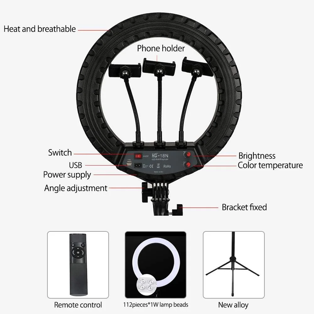 حلقه نور ال ای دی ۱۸ اینچی Cantonape با پایه سه پایه قابل تنظیم، 3 حالت نور، تغذیه از طریق USB، کنترل از راه دور بی سیم، مشکی