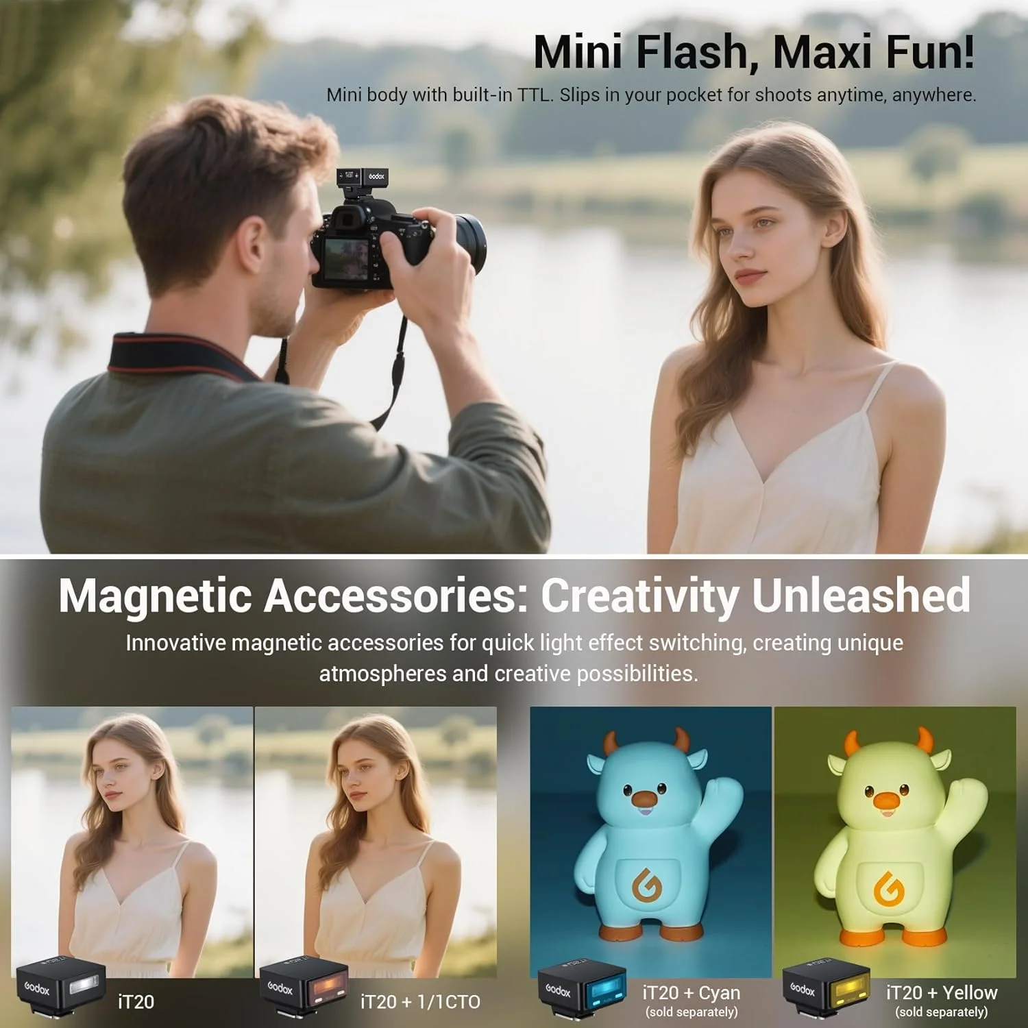 فلاش دوربین فوق فشرده گودکس iT20-S - ارتقا یافته از iM20 با عملکرد TTL و لوازم جانبی مغناطیسی، وزن سبک 45 گرم، بیش از 700 فلاش، بازیافت 1.5 ثانیه، شارژ USB-C، سازگار با دوربین های سونی