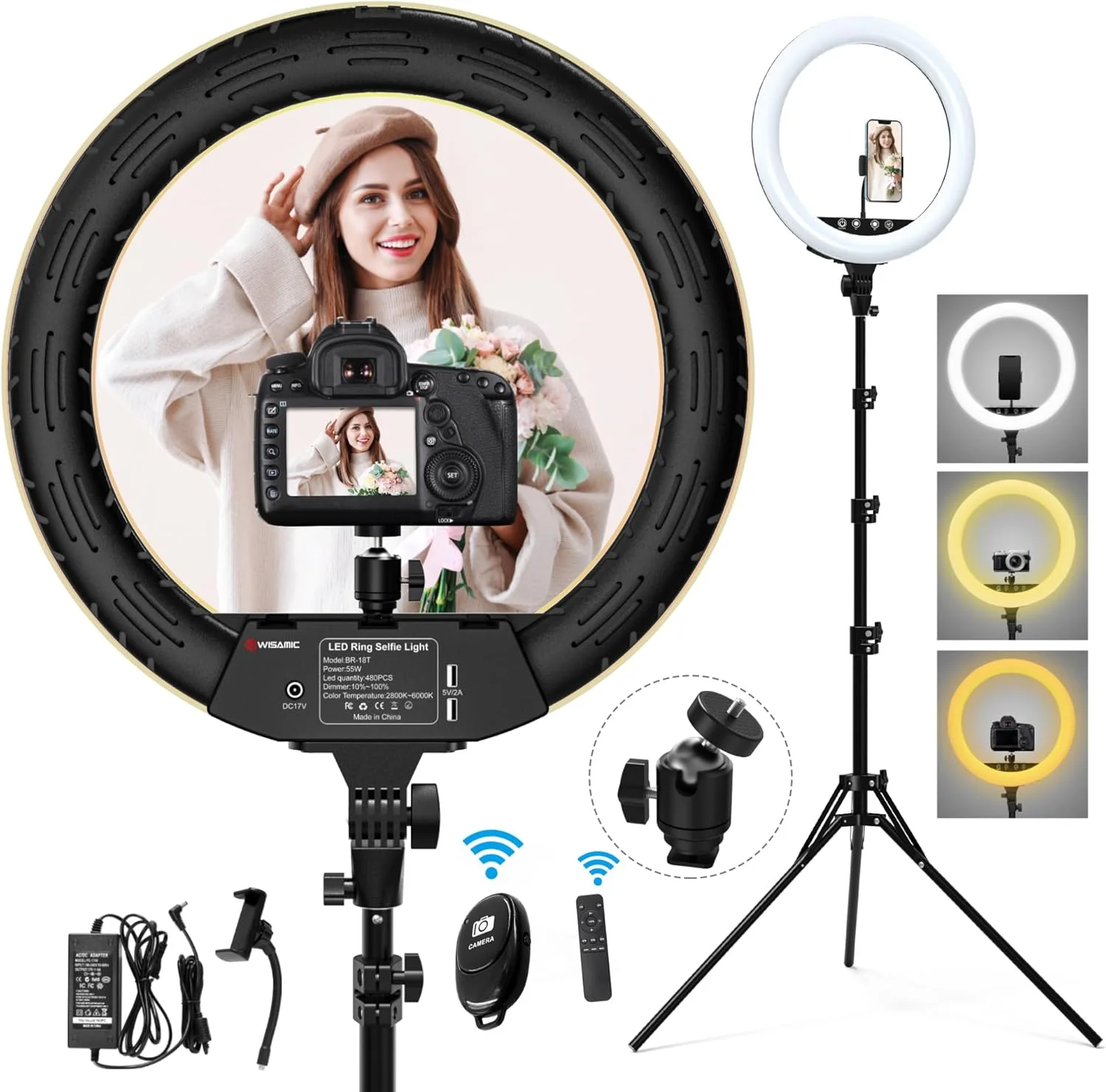 کیت نور حلقه ای WISAMIC: نور حلقه ای LED 18 اینچی 55 واتی با پایه سه پایه و نگهدارنده تلفن، 2800-6000K با قابلیت تنظیم نور ARO De Luz برای آرایش سلفی دخترانه، پخش زنده یوتیوب TikTok، CRI 95+