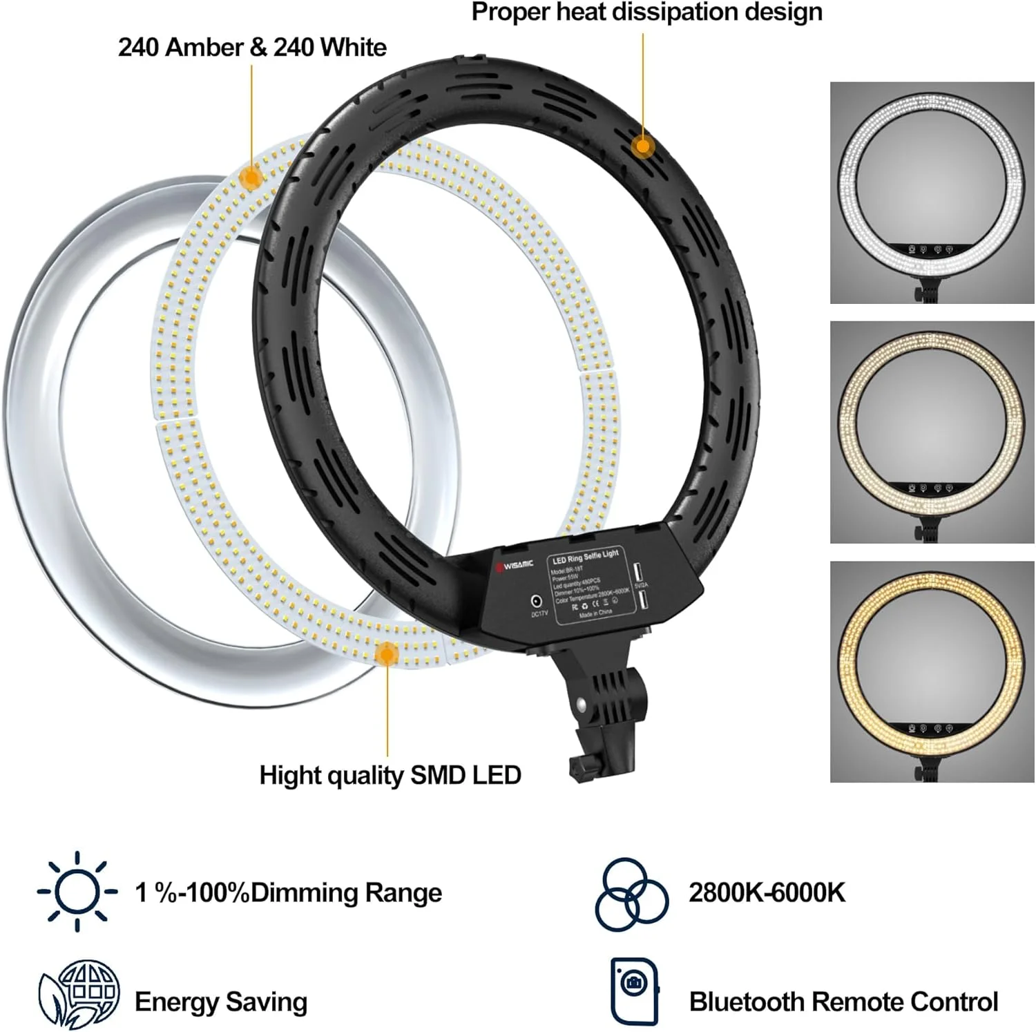 کیت نور حلقه ای WISAMIC: نور حلقه ای LED 18 اینچی 55 واتی با پایه سه پایه و نگهدارنده تلفن، 2800-6000K با قابلیت تنظیم نور ARO De Luz برای آرایش سلفی دخترانه، پخش زنده یوتیوب TikTok، CRI 95+