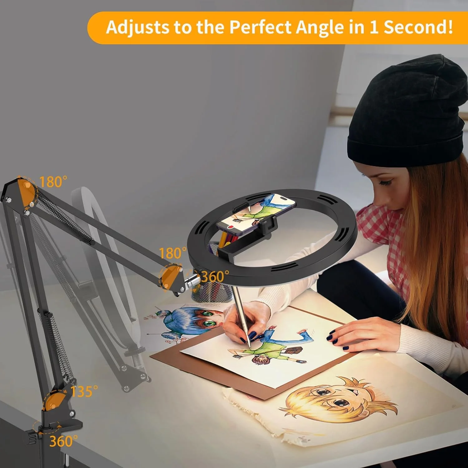 پایه دوربین بالای سر با نور حلقه ای سلفی 10 اینچی و نگهدارنده تلفن برای میز، پایه بازویی تلفن با ریموت برای آیفون، نور حلقه ای بزرگ تمام صفحه، سه پایه بالای سر برای ضبط ویدیو، ولاگ