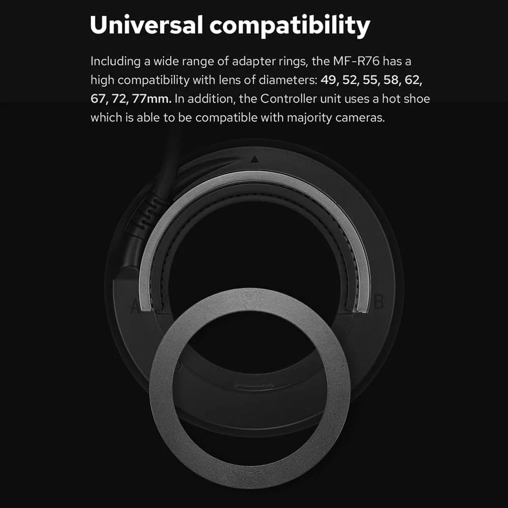 فلاش حلقوی ماکرو Godox MF-R76 با عدد راهنمای GN14، 10 سطح روشنایی قابل تنظیم به همراه 8 حلقه آداپتور جایگزین برای دوربین های DSLR کانن، نیکون، سونی، فوجی، الیمپوس، پاناسونیک و پنتاکس