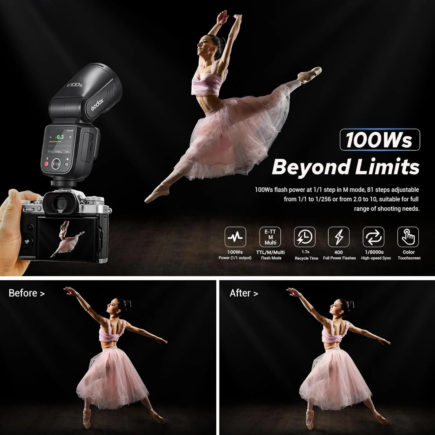 فلاش گرد Godox V100 S برای سونی - ارتقاء V1، ۱۰۰ وات TTL، کنترل صفحه لمسی، پشتیبانی از گلوبال شاتر، سازگار با تمام دوربین های سونی، ۷۰ فلاش متوالی با قدرت کامل، سیستم وایرلس 2.4G فلاش گرد Godox V100 S برای سونی - ارتقاء V1، ۱۰۰ وات TTL، کنترل صفحه لمسی، پشتیبانی از گلوبال شاتر، سازگار با تمام دوربین های سونی، ۷۰ فلاش متوالی با قدرت کامل، سیستم وایرلس 2.4G