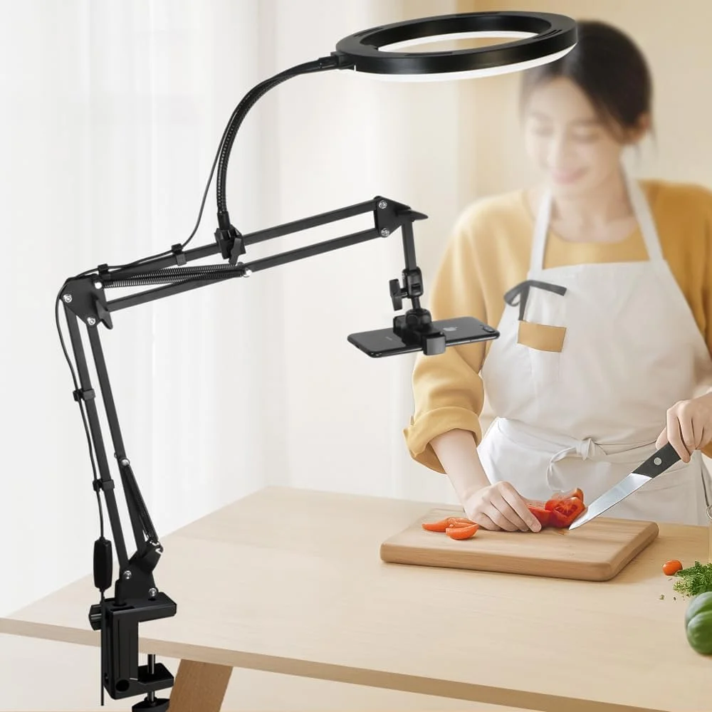 پایه نگهدارنده گوشی بالای سر با نور حلقه ای، بازوی انعطاف پذیر گوشی سازگار با آیفون، سه پایه رومیزی برای پخش زنده یوتیوب، آشپزی، ضبط ویدیو ناخن، پخش، آرایش