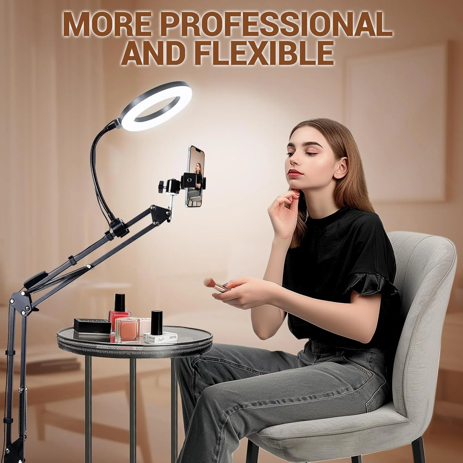 پایه نگهدارنده گوشی بالای سر با نور حلقه ای، بازوی انعطاف پذیر گوشی سازگار با آیفون، سه پایه رومیزی برای پخش زنده یوتیوب، آشپزی، ضبط ویدیو ناخن، پخش، آرایش