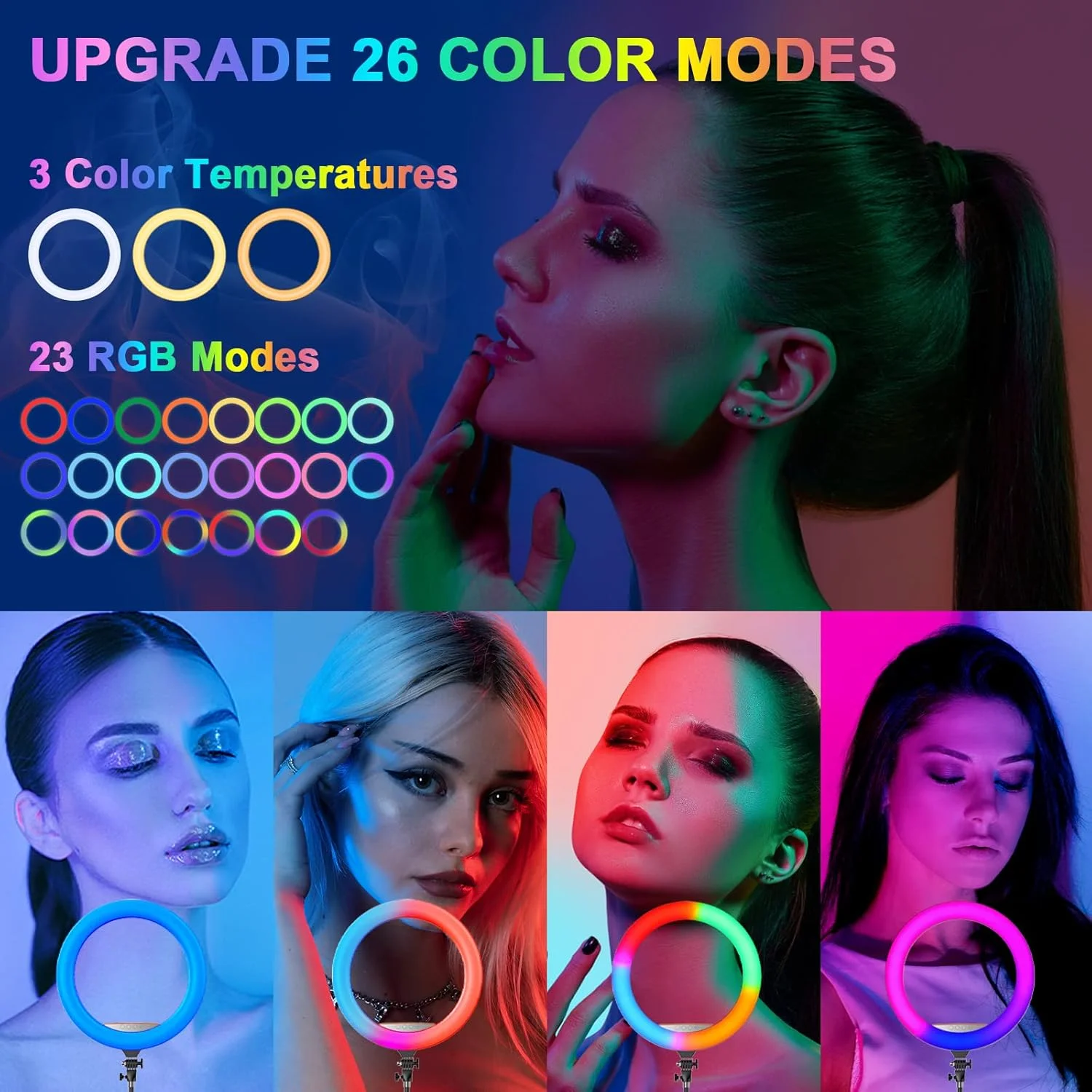 نور حلقوی RGB اوریانی 18 اینچی با پایه سه پایه (2700-7000K) برای دوربین گوشی، آیپد، سلفی، پخش زنده، یوتیوب، فیلمبرداری تیک تاک، بهترین نورپردازی