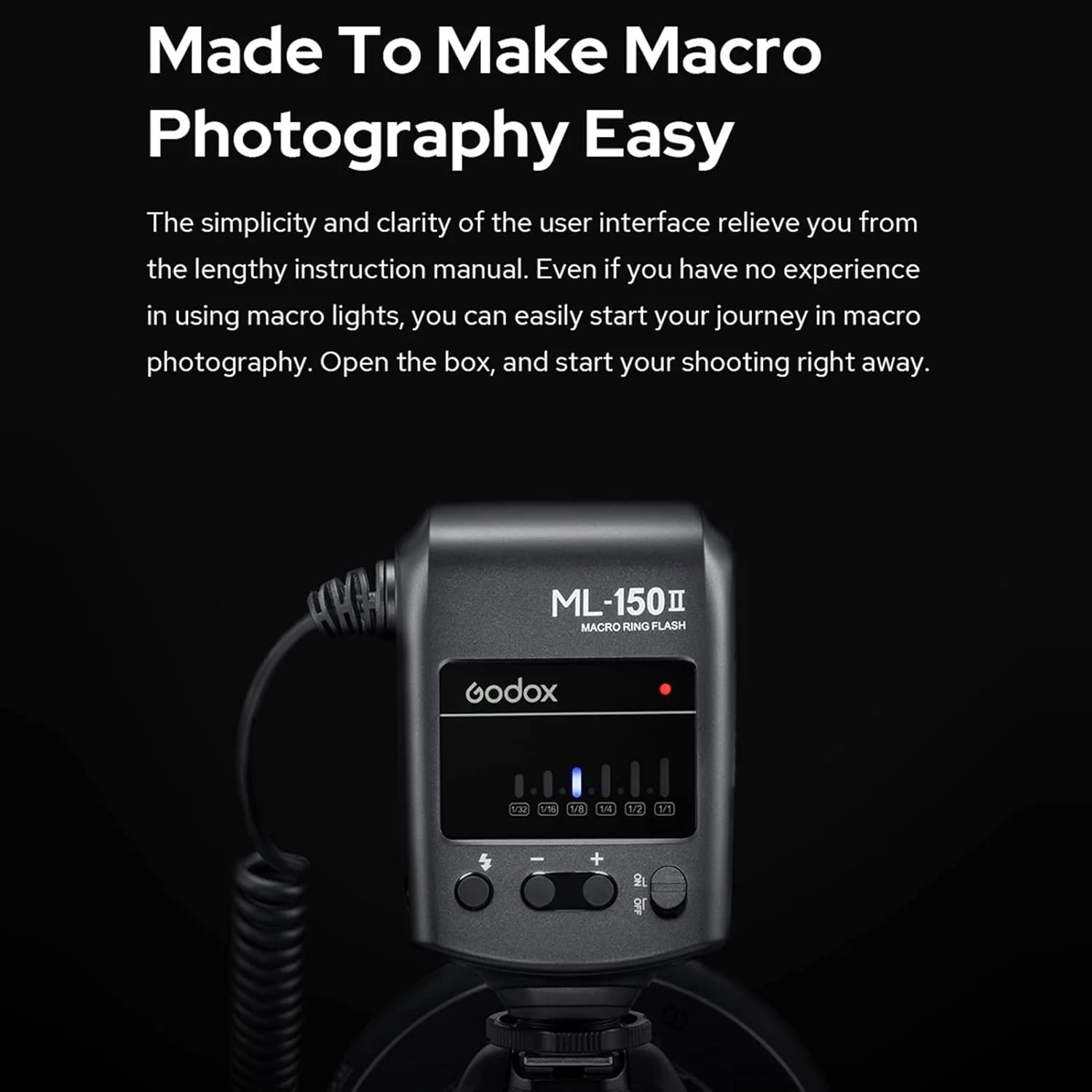 فلاش حلقوی ماکرو یونیورسال گودکس ML-150II با 11 سطح روشنایی، دمای رنگ 5800K±200K، عدد راهنمای 12، بازیافت سریع، زمان فلاش 1/200s-1/5000s به همراه 8 حلقه آداپتور برای دوربین های DSLR کانن، نیکون و سونی فلاش حلقوی ماکرو یونیورسال گودکس ML-150II با 11 سطح روشنایی، دمای رنگ 5800K±200K، عدد راهنمای 12، بازیافت سریع، زمان فلاش 1/200s-1/5000s به همراه 8 حلقه آداپتور برای دوربین های DSLR کانن، نیکون و سونی