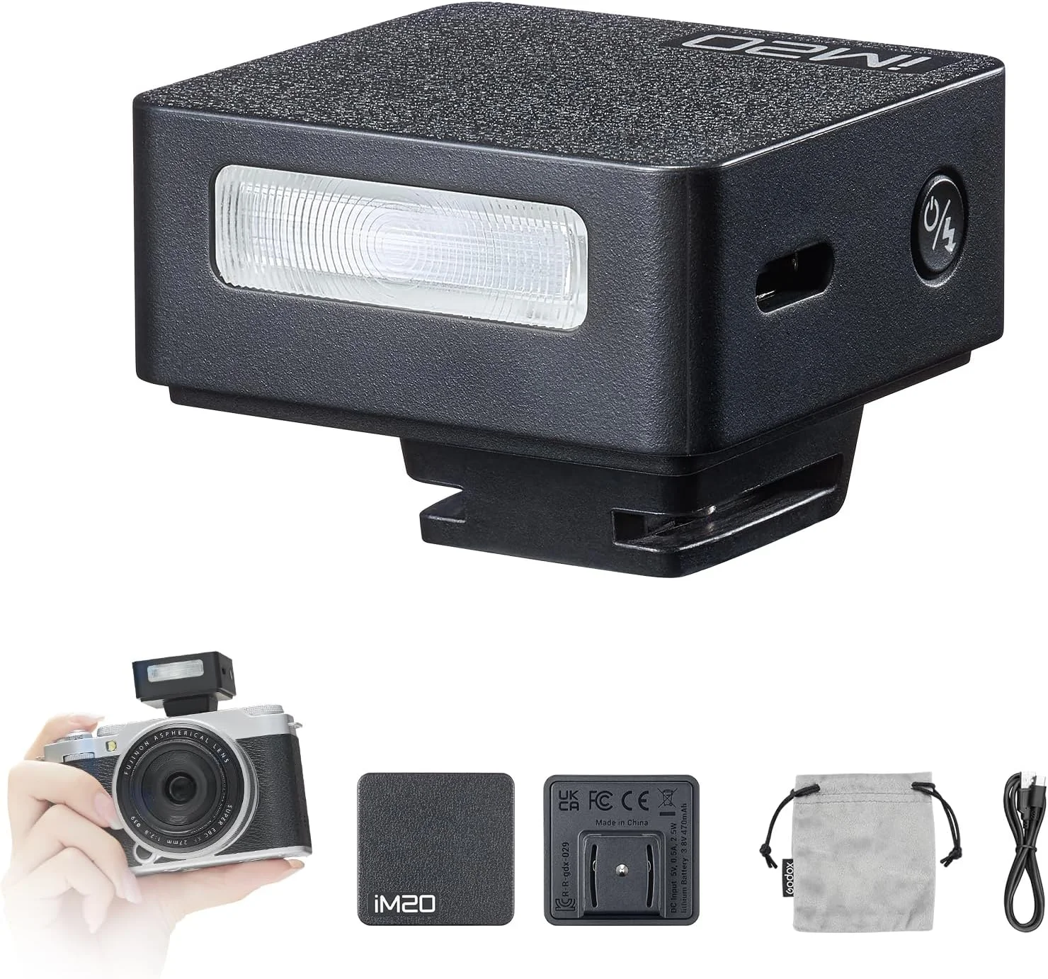 فلاش کوچک گودکس iM20 مناسب برای کانن، سونی، فوجی، نیکون 6000K±200K با کنترل نوری S1/S2.3s زمان شارژ، باتری لیتیومی تقریبی، فلاش دوربین کوچک قابل حمل و سبک