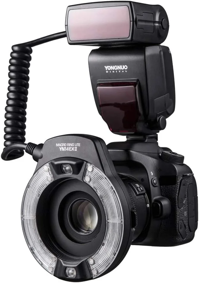 فلاش ماکرو Yongnuo Yn14Ex Ii برای دوربین های DSLR کانن با صفحه نمایش LCD بزرگ، حلقه های آداپتور، فیلترهای دمای رنگ، پایه هات شو، پشتیبانی از فلاش M/TTL