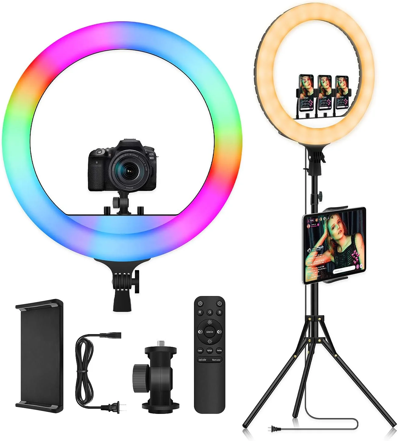 حلقه نور ال ای دی RGB با پایه: حلقه نور بزرگ 18 اینچی با قابلیت همگام سازی موسیقی برای سلفی، تیک تاک و نورپردازی ویدیوهای یوتیوب