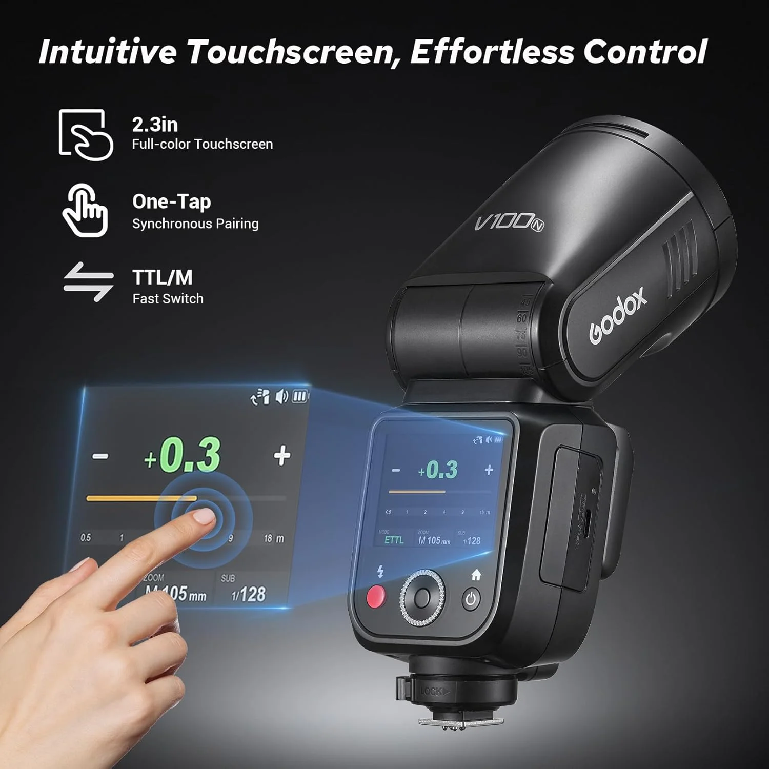 فلاش گرد Godox V100 N برای نیکون - ارتقاء V1، ۱۰۰ وات TTL، کنترل صفحه لمسی، پشتیبانی از شاتر سراسری، سازگار با تمام دوربین های نیکون، ۷۰ فلاش متوالی با قدرت کامل، سیستم بی سیم 2.4G