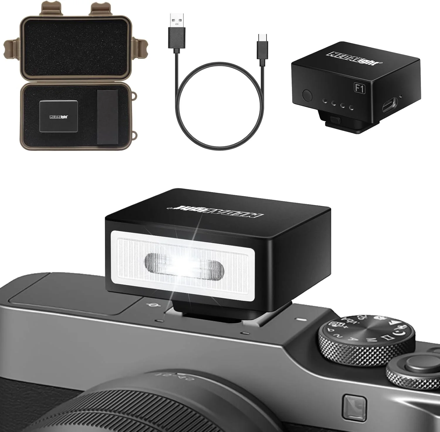 فلاش دوربین کوچک MEDALight F1 مناسب برای ریکو (GR3/GR3X و غیره)، نیکون/کانن/ فوجی، دوربین های فیلم دیجیتال، فلاش هات شو کوچک برای دوربین DSLR (سازگار با Sony ZV-1F نیست).