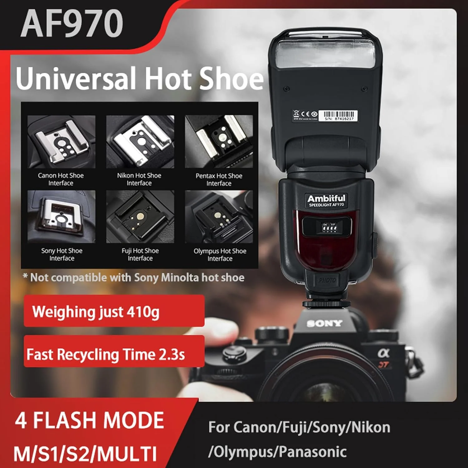 فلاش اسپیدلایت دوربین AMBITFUL AF970 برای کانن نیکون سونی الیمپوس فوجی پاناسونیک، فلاش بی سیم 2.4G، زمان بازیافت 0.1-2.5 ثانیه، هد فلاش قابل تنظیم با پنل LCD و هاتشو تک کنتاکت