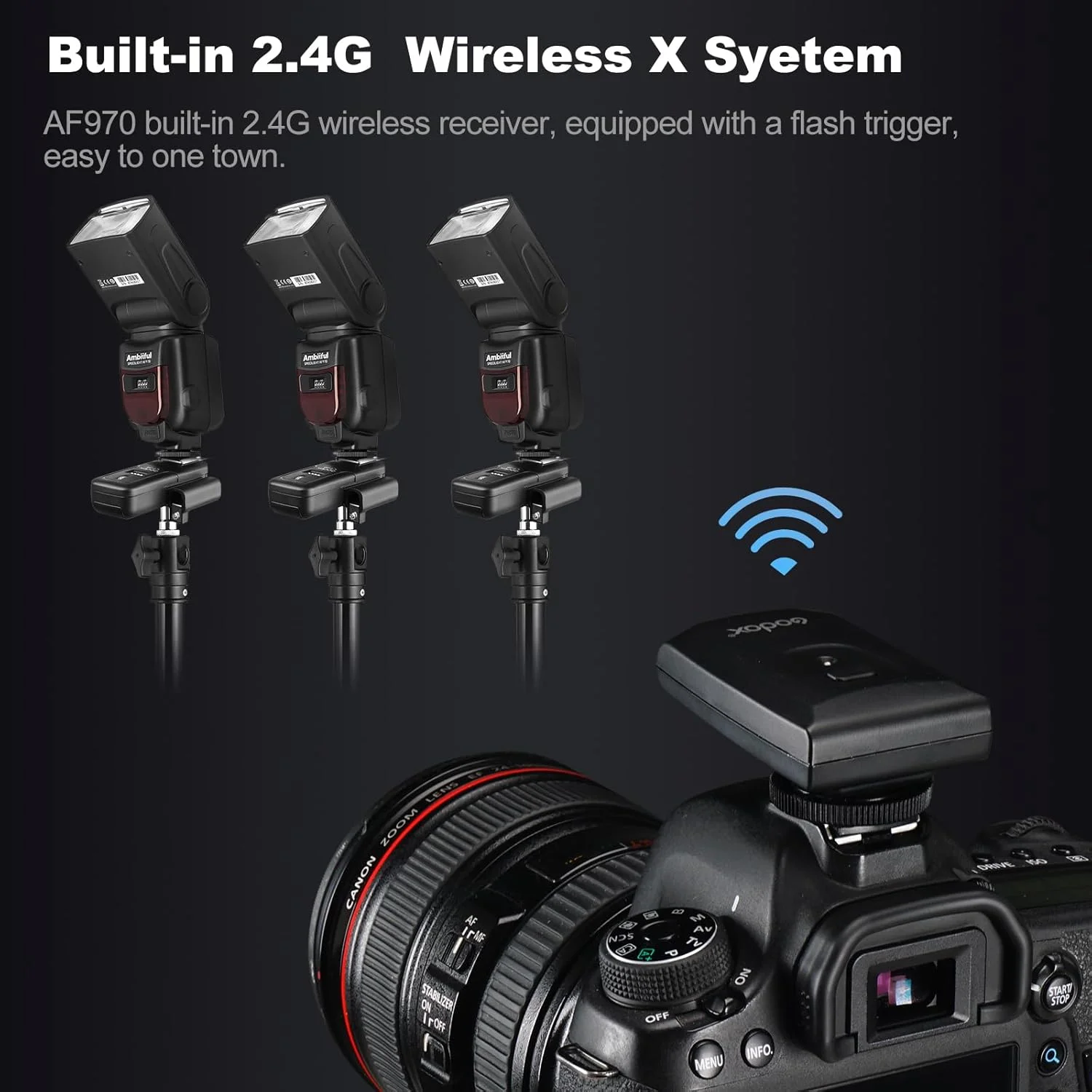 فلاش اسپیدلایت دوربین AMBITFUL AF970 برای کانن نیکون سونی الیمپوس فوجی پاناسونیک، فلاش بی سیم 2.4G، زمان بازیافت 0.1-2.5 ثانیه، هد فلاش قابل تنظیم با پنل LCD و هاتشو تک کنتاکت