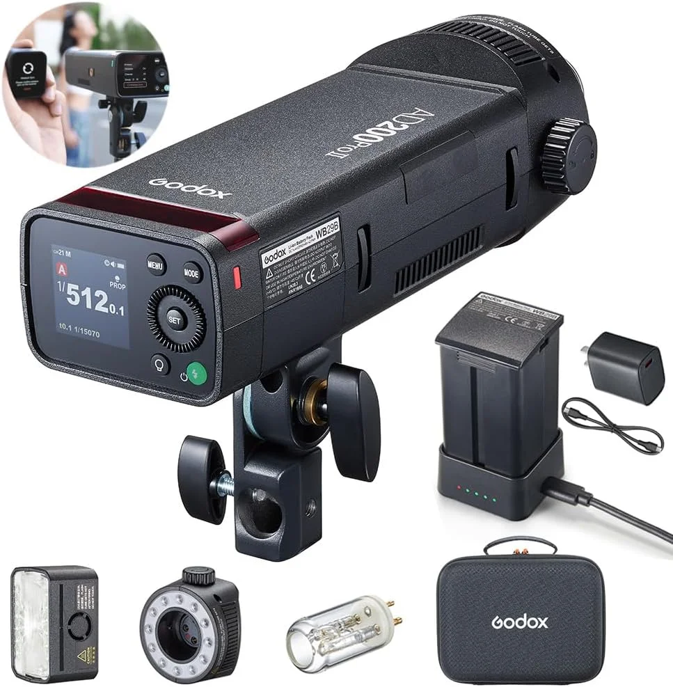 فلاش گودوکس AD200Pro II 200Ws – HSS 1/8000s، سیستم بی سیم 2.4G X، بازیافت 0.01-1.8 ثانیه، باتری 2980mAh، سازگار با TTL با Canon/Nikon/Sony، ارتقاء یافته از AD200Pro