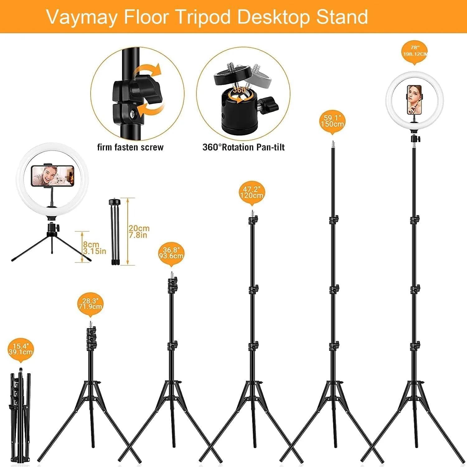 نور حلقه ای 10 اینچی VAYMAY با پایه سه پایه 2 متری قابل افزایش، چراغ های LED دایره ای قابل تنظیم با نگهدارنده تلفن برای پخش زنده/ضبط ویدیو یوتیوب/جلسه زوم/آرایش/TikTok