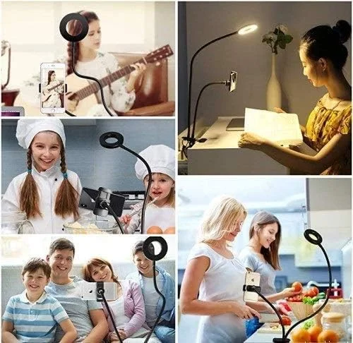 نور حلقه ای سلفی خرید زارا با پایه و نگهدارنده تلفن همراه، 3 حالت نور و 10 سطح روشنایی برای پخش زنده/آرایش، بازوی انعطاف پذیر سازگار با تلفن های آیفون و اندروید، USB