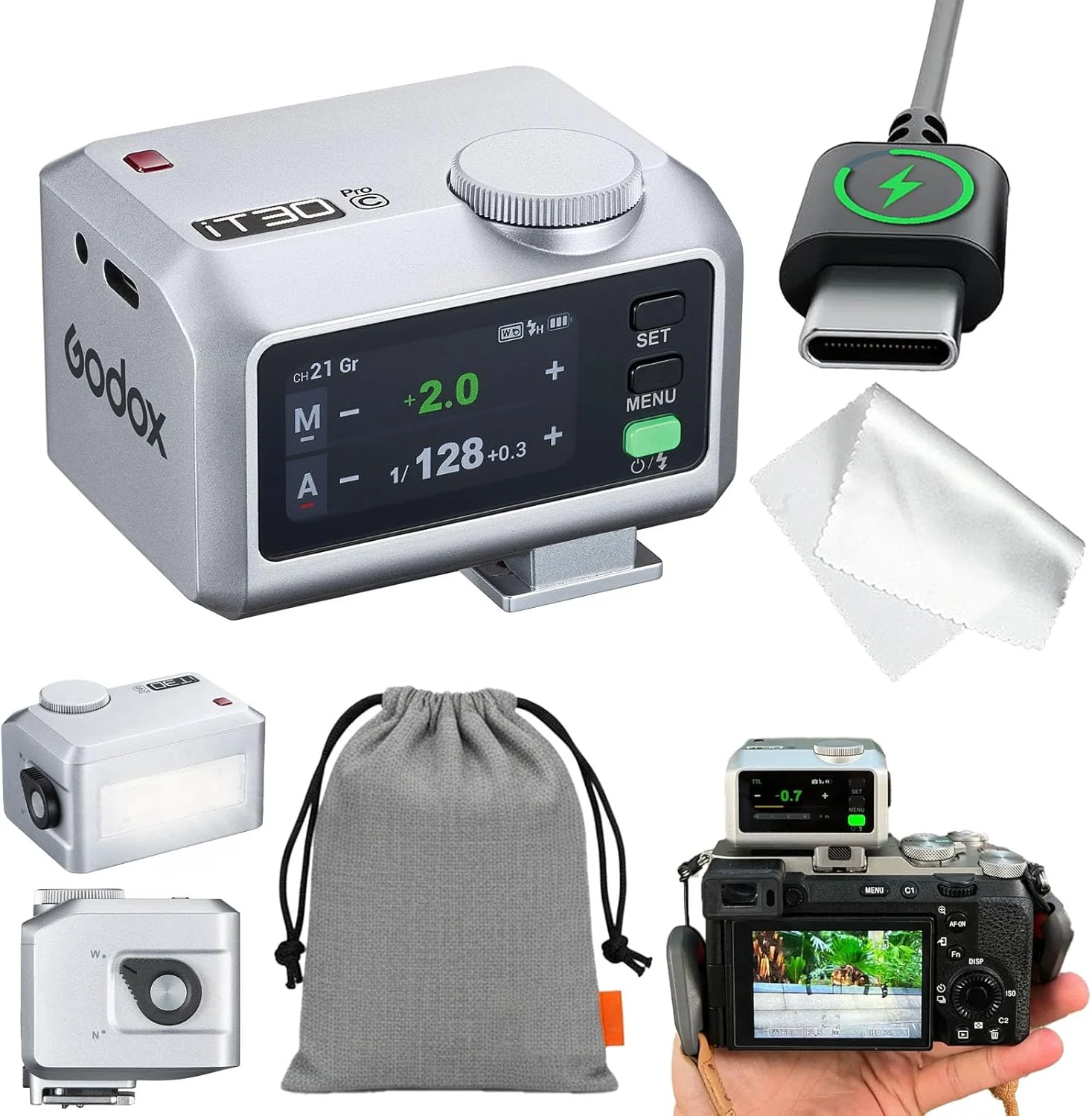 فلاش کوچک گودکس IT30Pro C، IT30PROS IT30 PRO C TTL HSS با سرعت 1/8000 ثانیه، سازگار با دوربین های CANON EOS R RP R5 R6 R5 Mark II R6 Mark II M50 M3 R7 R8 R9 (نقره ای)