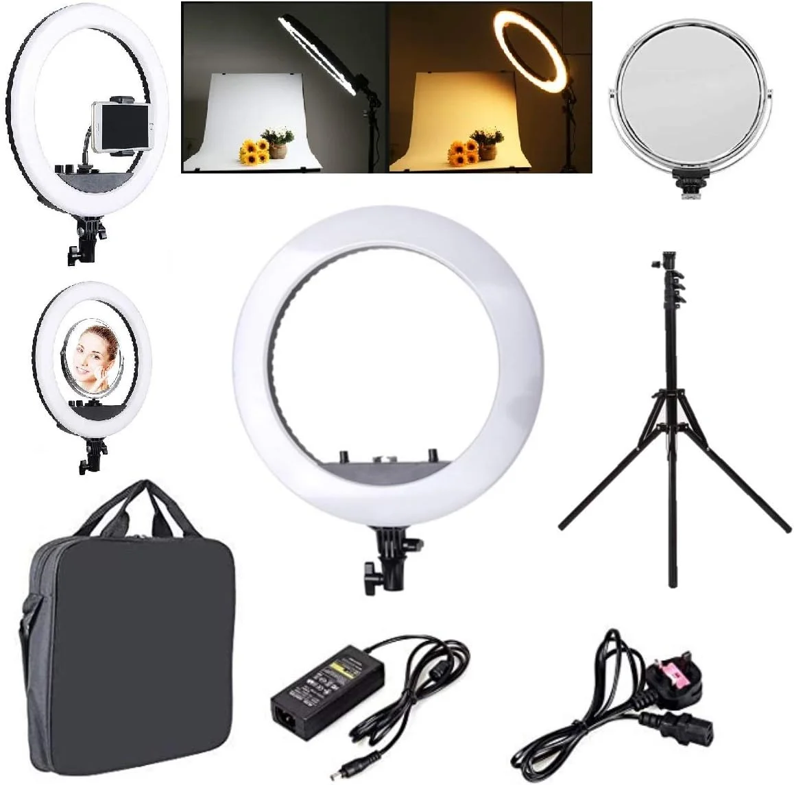کیت نور حلقه ای نرم LED HQ سایز 18 اینچ 55 وات با قابلیت تنظیم نور 3200K-6000K به همراه پایه سه پایه، نگهدارنده تلفن همراه، کیف حمل و آینه