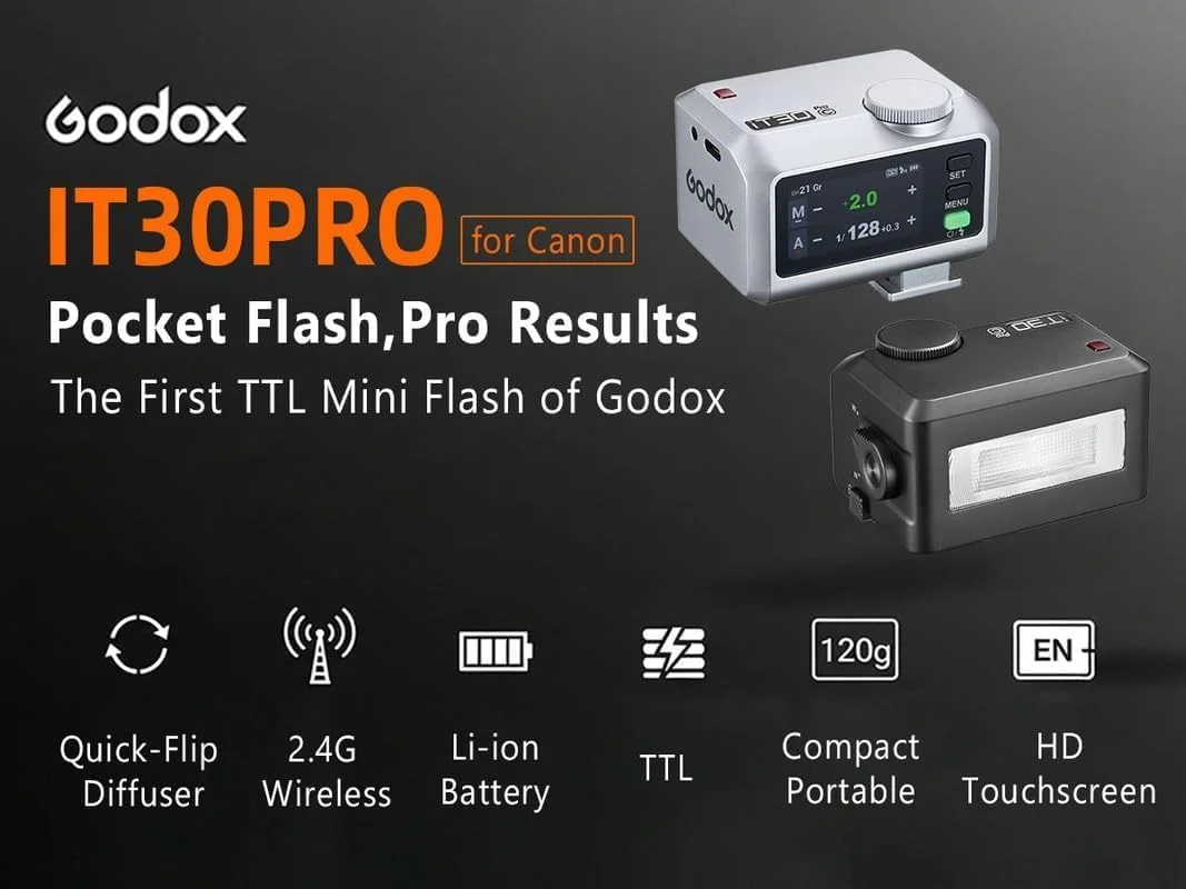 فلاش کوچک گودکس IT30Pro C، IT30PROS IT30 PRO C TTL HSS با سرعت 1/8000 ثانیه، سازگار با دوربین های CANON EOS R RP R5 R6 R5 Mark II R6 Mark II M50 M3 R7 R8 R9 (نقره ای)
