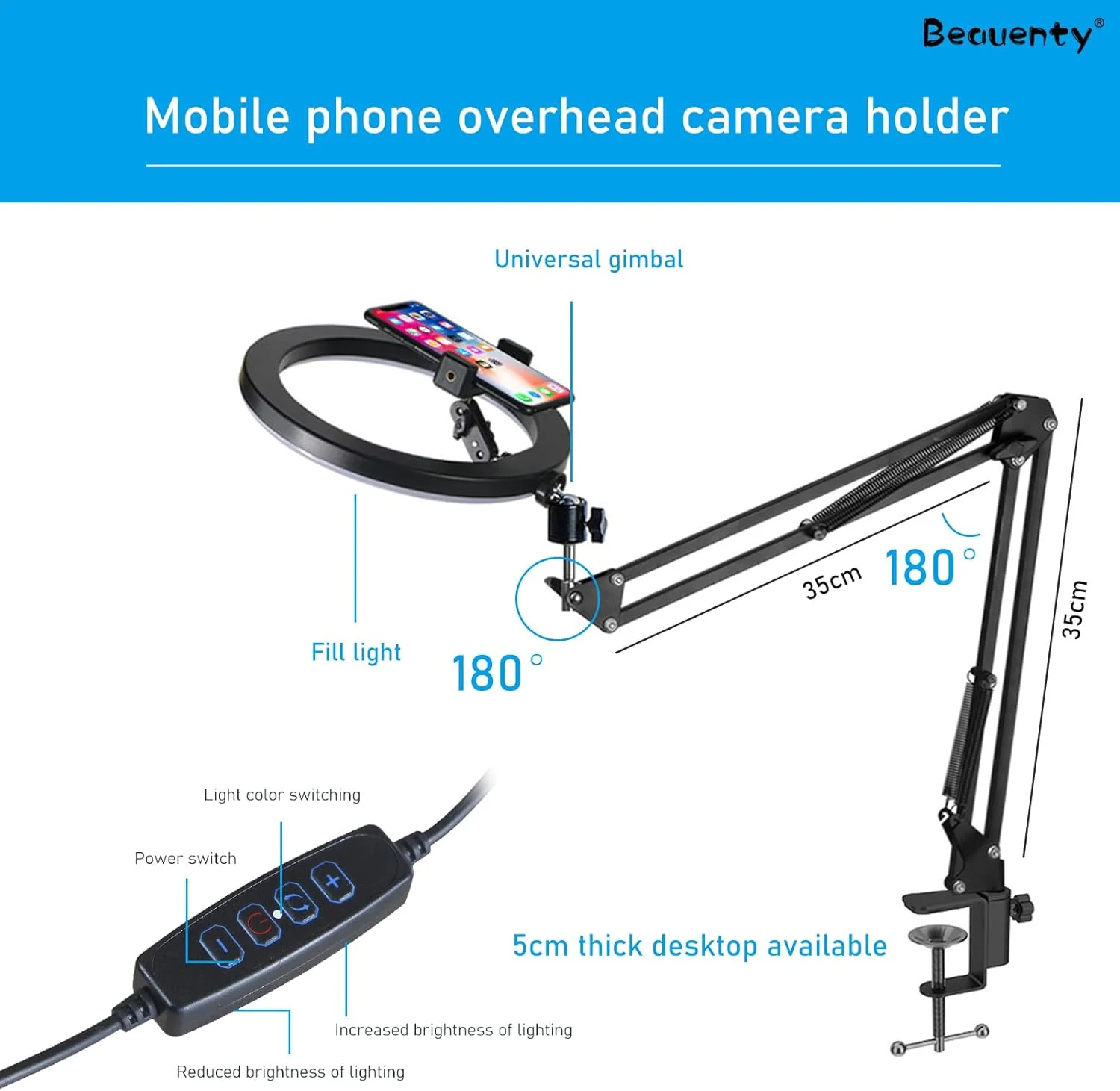 نور حلقه ای رومیزی Beauenty با پایه - نور پرکننده 26 سانتی متری برای فیلمبرداری از بالا، نگهدارنده دوربین تلفن همراه، پایه قابل تنظیم نور حلقه ای رومیزی Beauenty با پایه - نور پرکننده 26 سانتی متری برای فیلمبرداری از بالا، نگهدارنده دوربین تلفن همراه، پایه قابل تنظیم