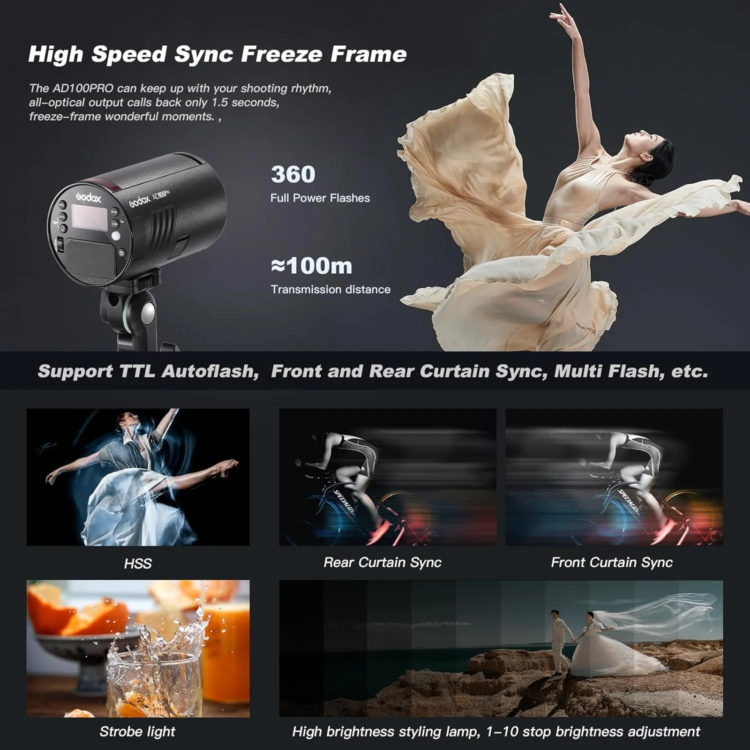 فلاش استودیویی پرتابل گودکس AD100 Pro به همراه کیت AKR1 مناسب عکاسی، نور فلاش استروب، باتری 2600mAh، سیستم وایرلس 2.4G، سیستم X، سرعت 1/8000 HSS، بازیافت 0.01-1.5 ثانیه، 360 فلاش با قدرت کامل