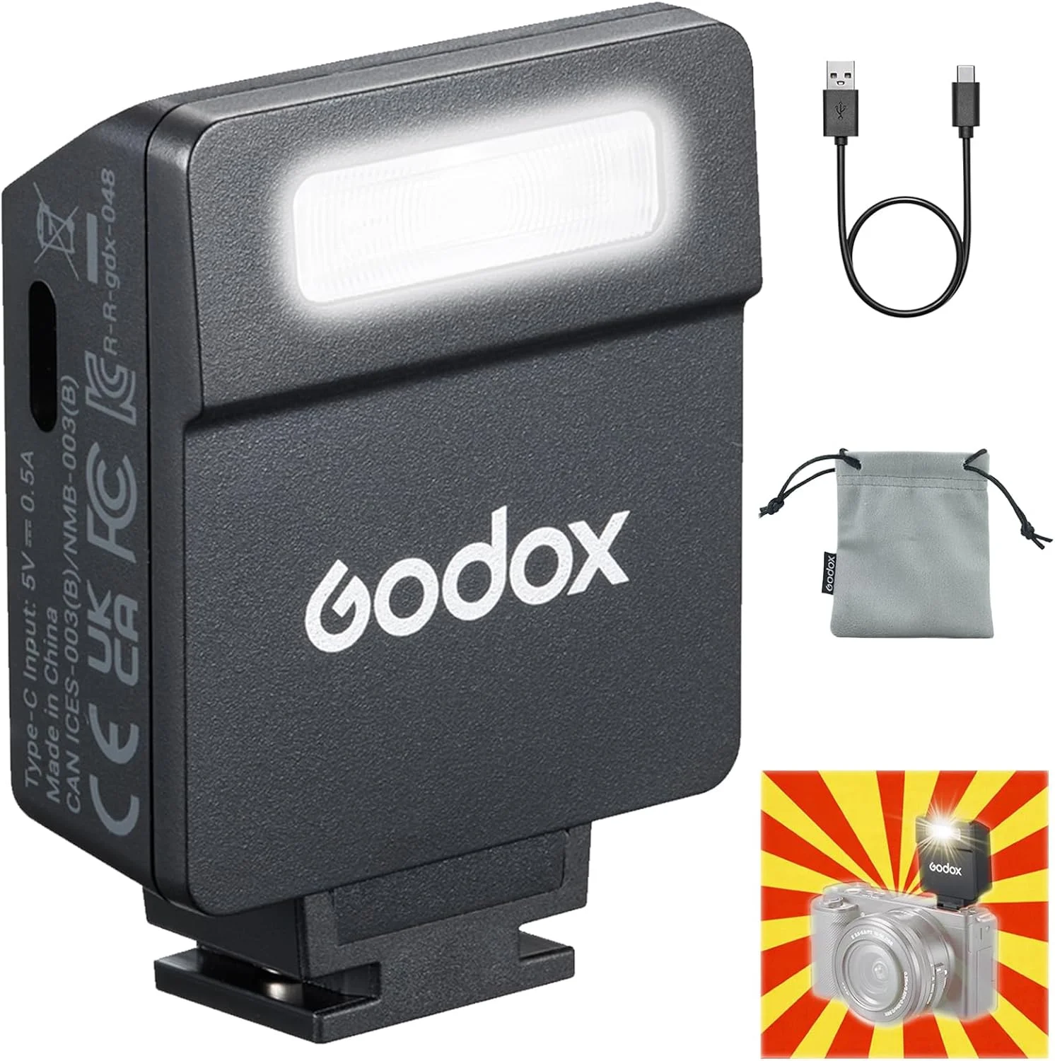 فلاش اکسترنال کوچک گودکس IM22 فوق العاده قابل حمل با باتری لیتیومی 470 میلی آمپر ساعتی، شارژ USB-C، زمان بازیافت 3 ثانیه، 440 فلاش با قدرت کامل، 5 سطح قدرت سازگار با دوربین های کانن/نیکون/سونی/فوجی فیلم/المپوس