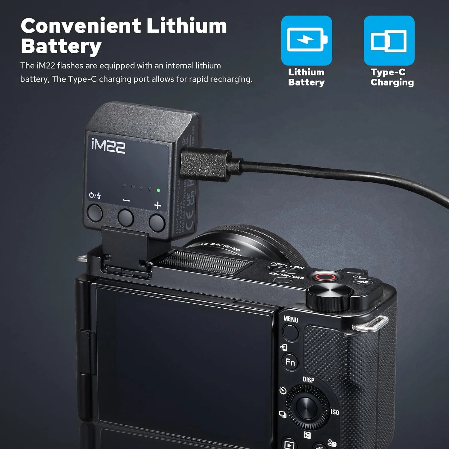 فلاش اکسترنال کوچک گودکس IM22 فوق العاده قابل حمل با باتری لیتیومی 470 میلی آمپر ساعتی، شارژ USB-C، زمان بازیافت 3 ثانیه، 440 فلاش با قدرت کامل، 5 سطح قدرت سازگار با دوربین های کانن/نیکون/سونی/فوجی فیلم/المپوس