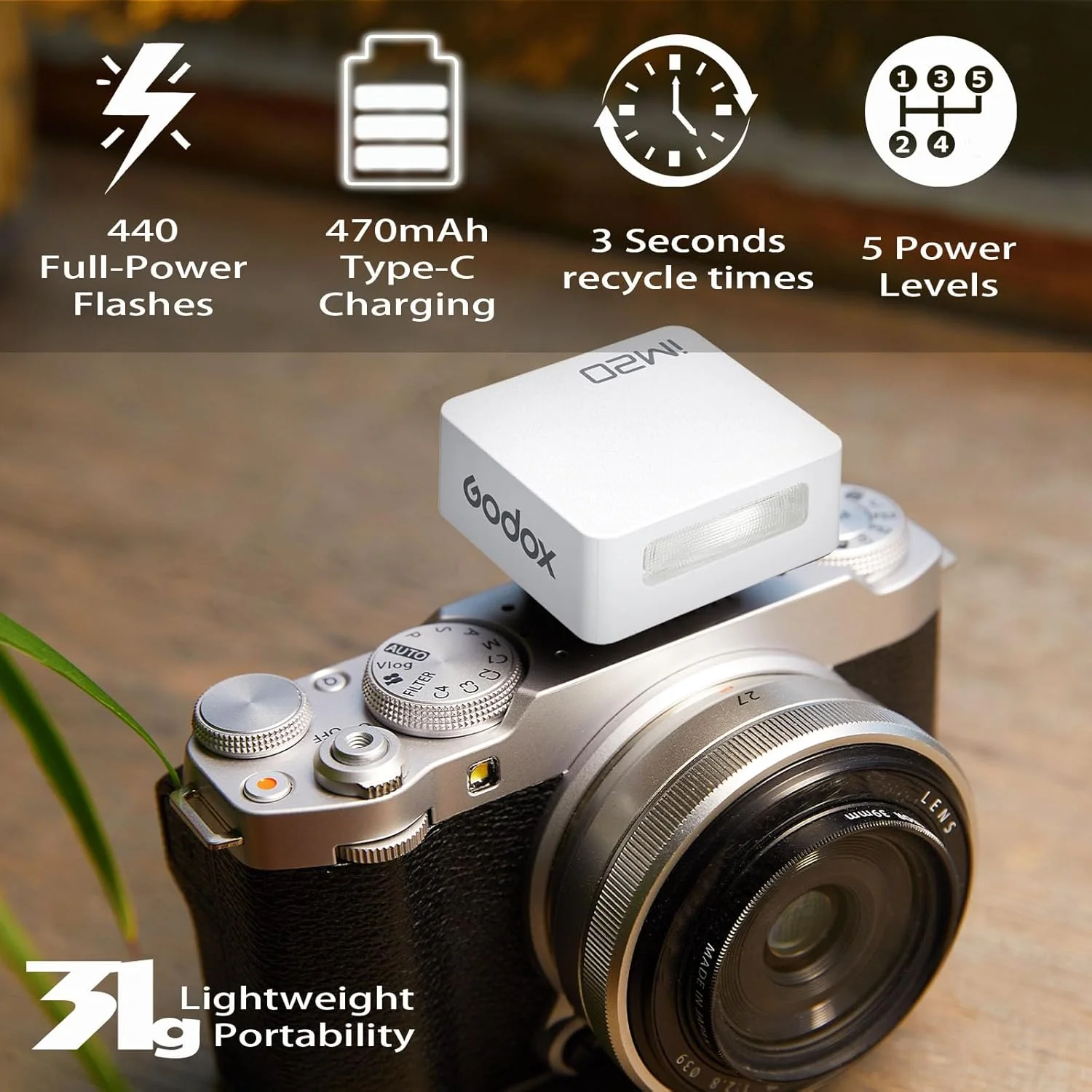 فلاش کوچک گودکس iM20، فلاش دوربین کاملا دستی، 5 سطح خروجی، 440 فلاش با قدرت کامل، شارژ USB-C، سازگار با Ricoh GR III, Ricoh GR III X, Canon Sony Nikon Pentax Panasonic Olympus