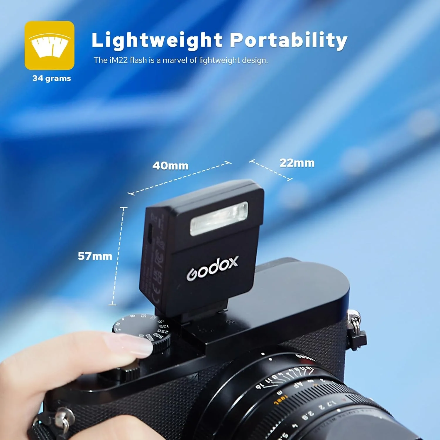فلاش اکسترنال کوچک گودکس IM22 فوق العاده قابل حمل با باتری لیتیومی 470 میلی آمپر ساعتی، شارژ USB-C، زمان بازیافت 3 ثانیه، 440 فلاش با قدرت کامل، 5 سطح قدرت سازگار با دوربین های کانن/نیکون/سونی/فوجی فیلم/المپوس