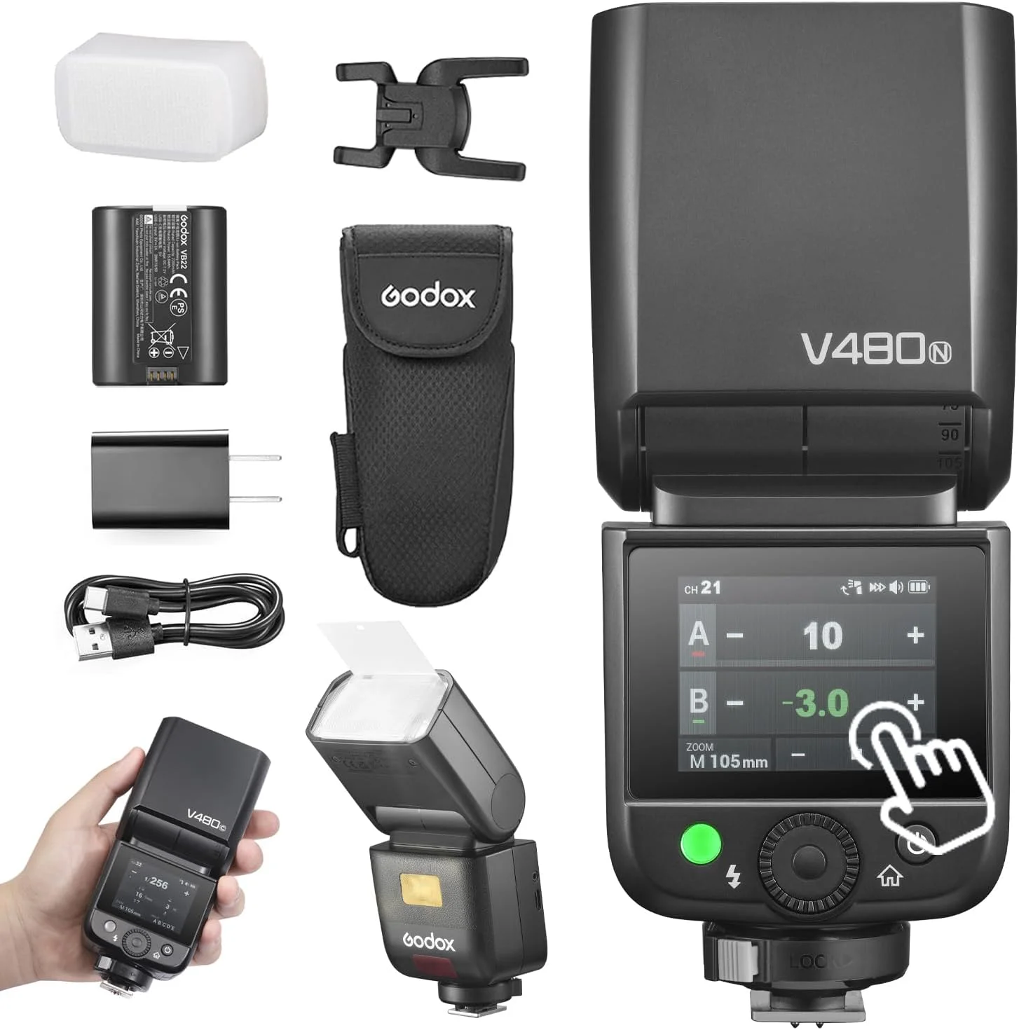 فلاش دوربین گودکس V480N، باتری لیتیومی داخلی، HSS 1/8000، TTL بی سیم 2.4GX، زمان بازیافت 1.7 ثانیه، 650 فلاش با قدرت کامل برای دوربین نیکون (V480N)