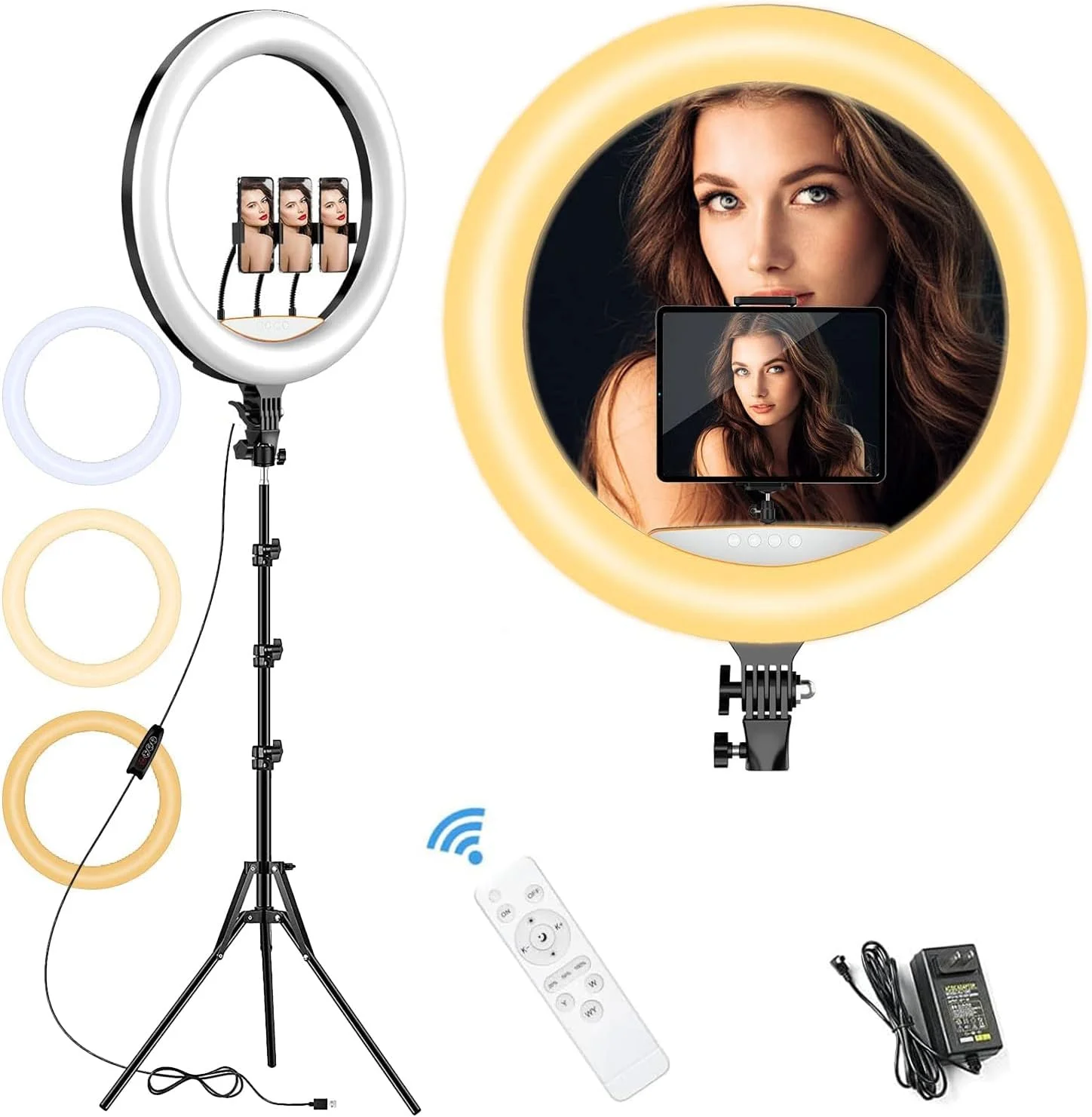 حلقه نور 18 اینچی Koeay، کیت حلقه نور LED برای آیفون با پایه سه پایه و 3 نگهدارنده تلفن، حلقه نور سلفی آرایشی قابل تنظیم 2700-6500K با ریموت برای TikTok، YouTube، دوربین، ویدئو، پخش زنده حلقه نور 18 اینچی Koeay، کیت حلقه نور LED برای آیفون با پایه سه پایه و 3 نگهدارنده تلفن، حلقه نور سلفی آرایشی قابل تنظیم 2700-6500K با ریموت برای TikTok، YouTube، دوربین، ویدئو، پخش زنده