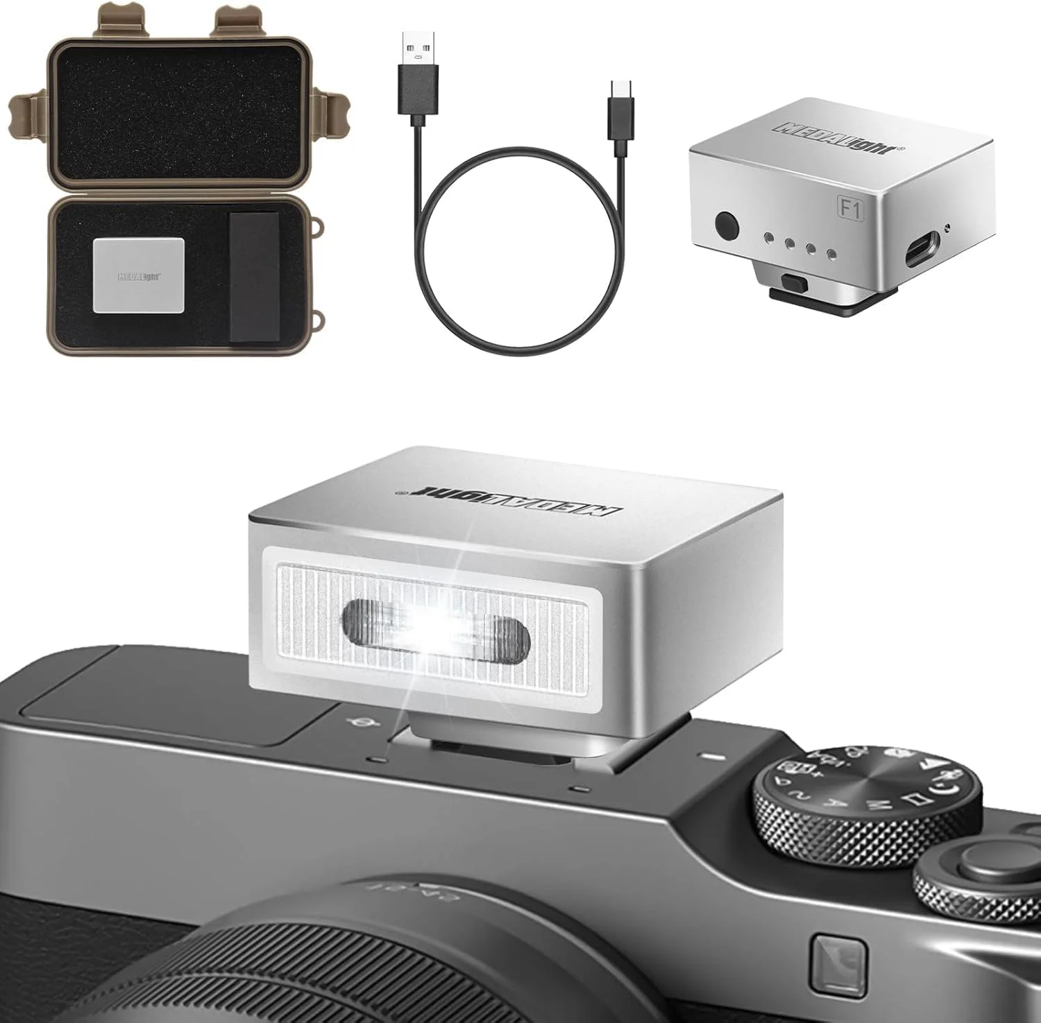 فلاش کوچک دوربین مدل F1 برای Ricoh GR3 GR3X Fuji Sony ZV1 Nikon Canon، دوربین های فیلم دیجیتال، فلاش کوچک قابل حمل با پایه اتصال گرم برای دوربین های DSLR، رنگ نقره ای