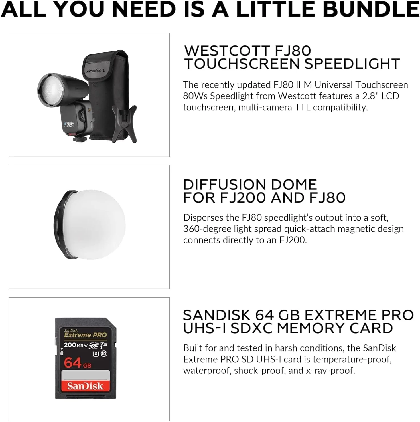 فلاش اسپیدلایت لمسی یونیورسال 80 وات Westcott FJ80 II M سازگار با TTL برندهای مختلف | نورپردازی گنبدی مغناطیسی FJ80، همراه با کارت حافظه
