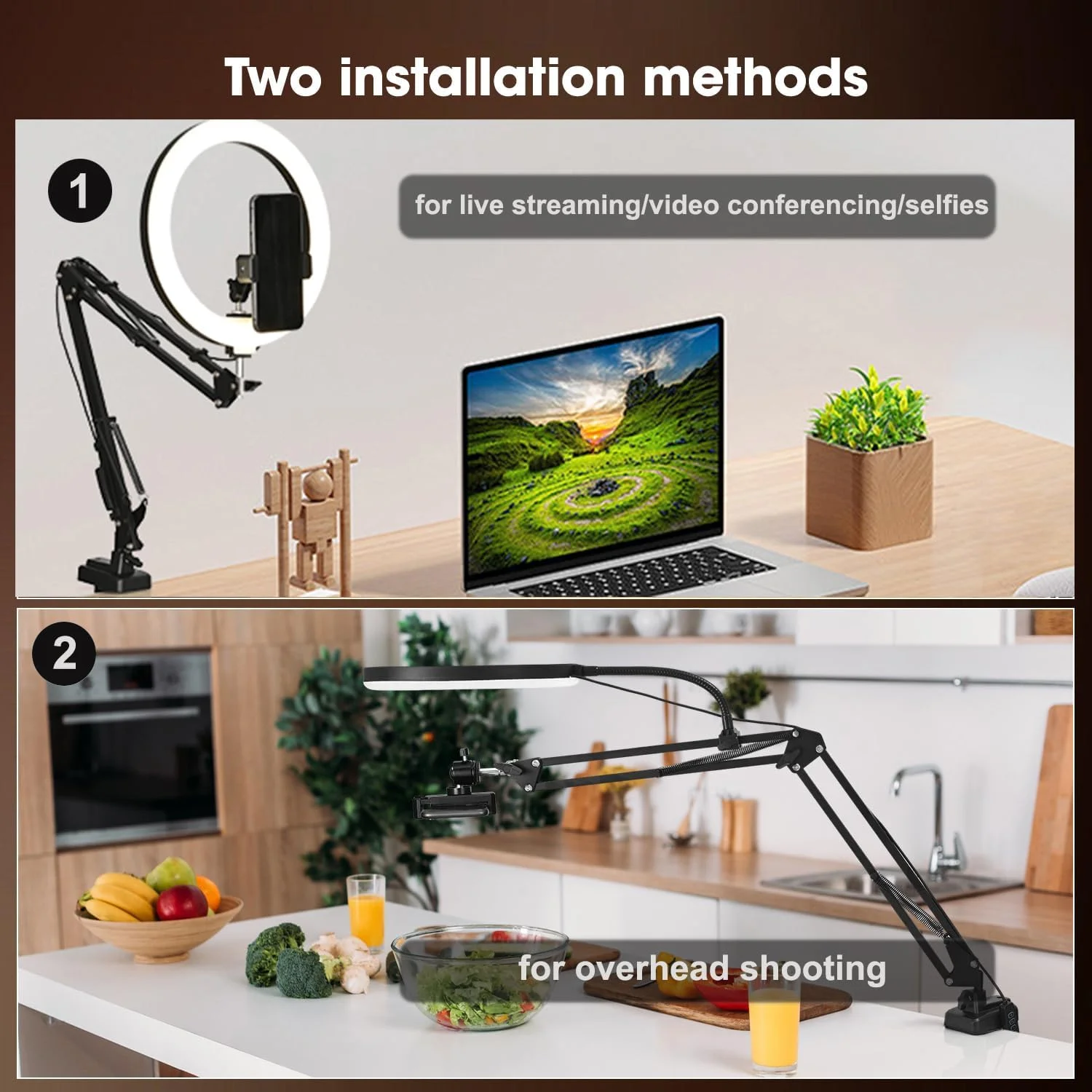 پایه نگهدارنده دوربین بالای سر با نور حلقه ای 3 رنگ 10 اینچی و بازوی رومیزی قابل تنظیم، پایه نگهدارنده گوشی بالای سر با ریموت برای ضبط/عکاسی/آرایش/پخش زنده ویدیو (همراه با نور حلقه ای) پایه نگهدارنده دوربین بالای سر با نور حلقه ای 3 رنگ 10 اینچی و بازوی رومیزی قابل تنظیم، پایه نگهدارنده گوشی بالای سر با ریموت برای ضبط/عکاسی/آرایش/پخش زنده ویدیو (همراه با نور حلقه ای)